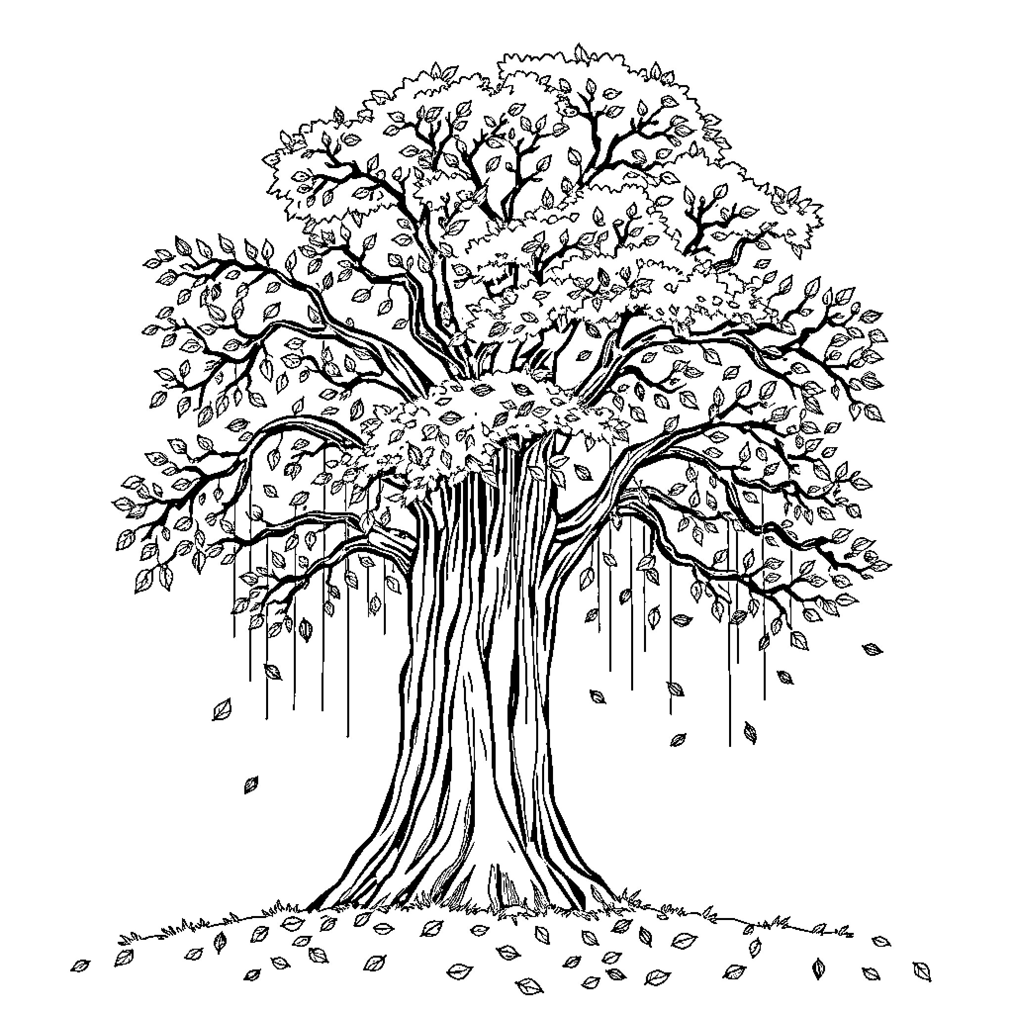Leaf Tree shedding its foliage in autumn Coloring Page (free black-and-white line drawing printable PDF for all, from beginners to advanced learners, including children, teens, adults, and seniors)