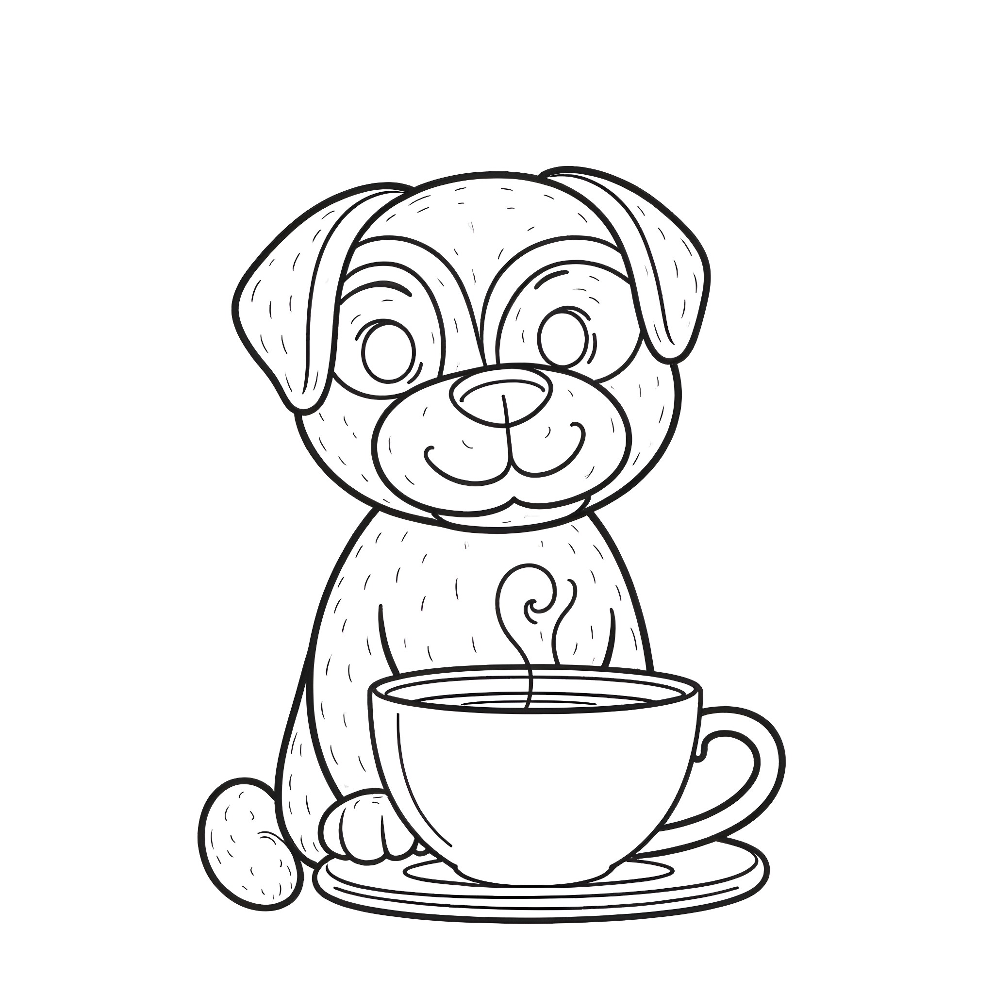 Pug enjoying a cozy cup of coffee Coloring Page (free black-and-white line drawing printable PDF for all, from beginners to advanced learners, including children, teens, adults, and seniors)