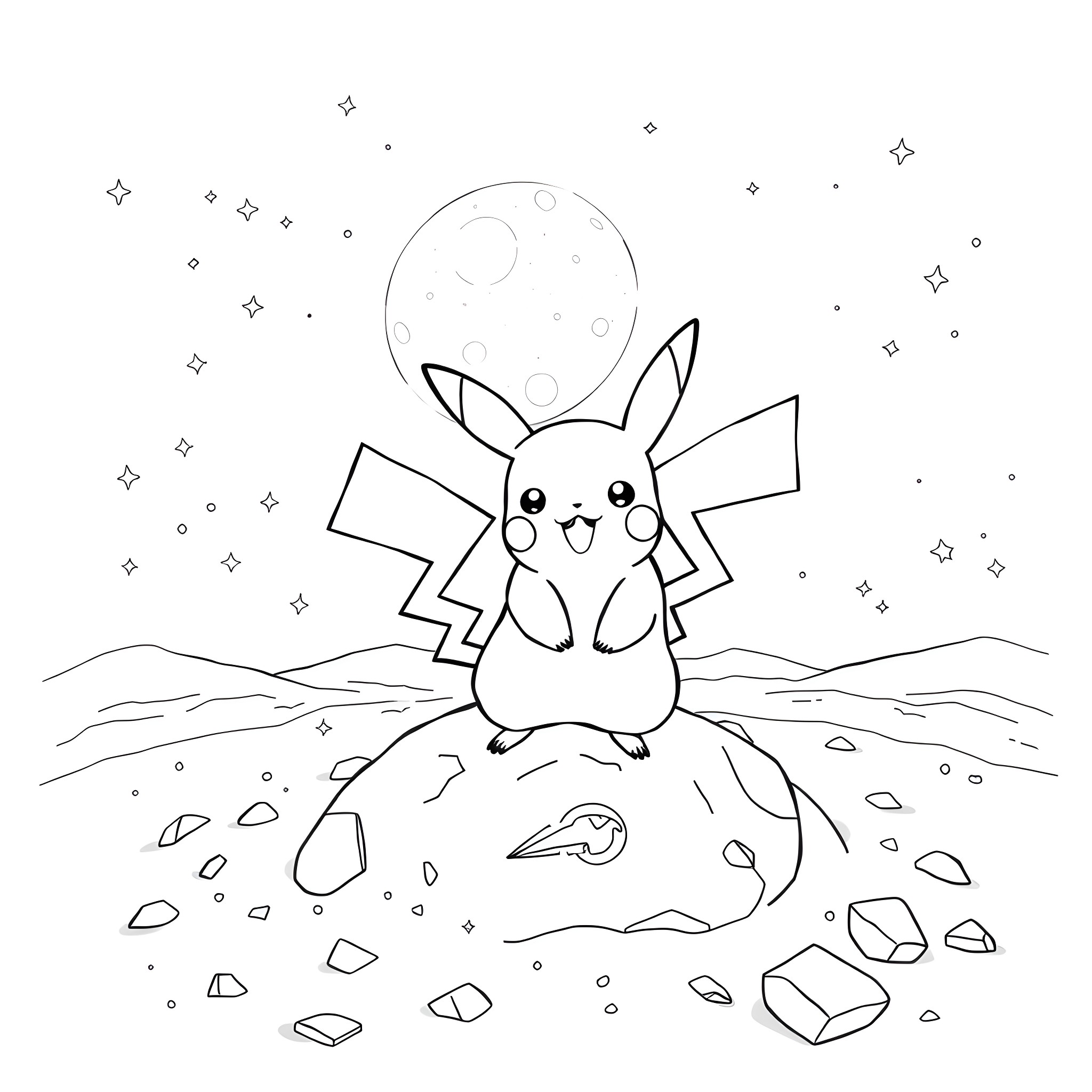 Pikachu gazing at the night sky Coloring Page (free black-and-white line drawing printable PDF for all, from beginners to advanced learners, including children, teens, adults, and seniors)