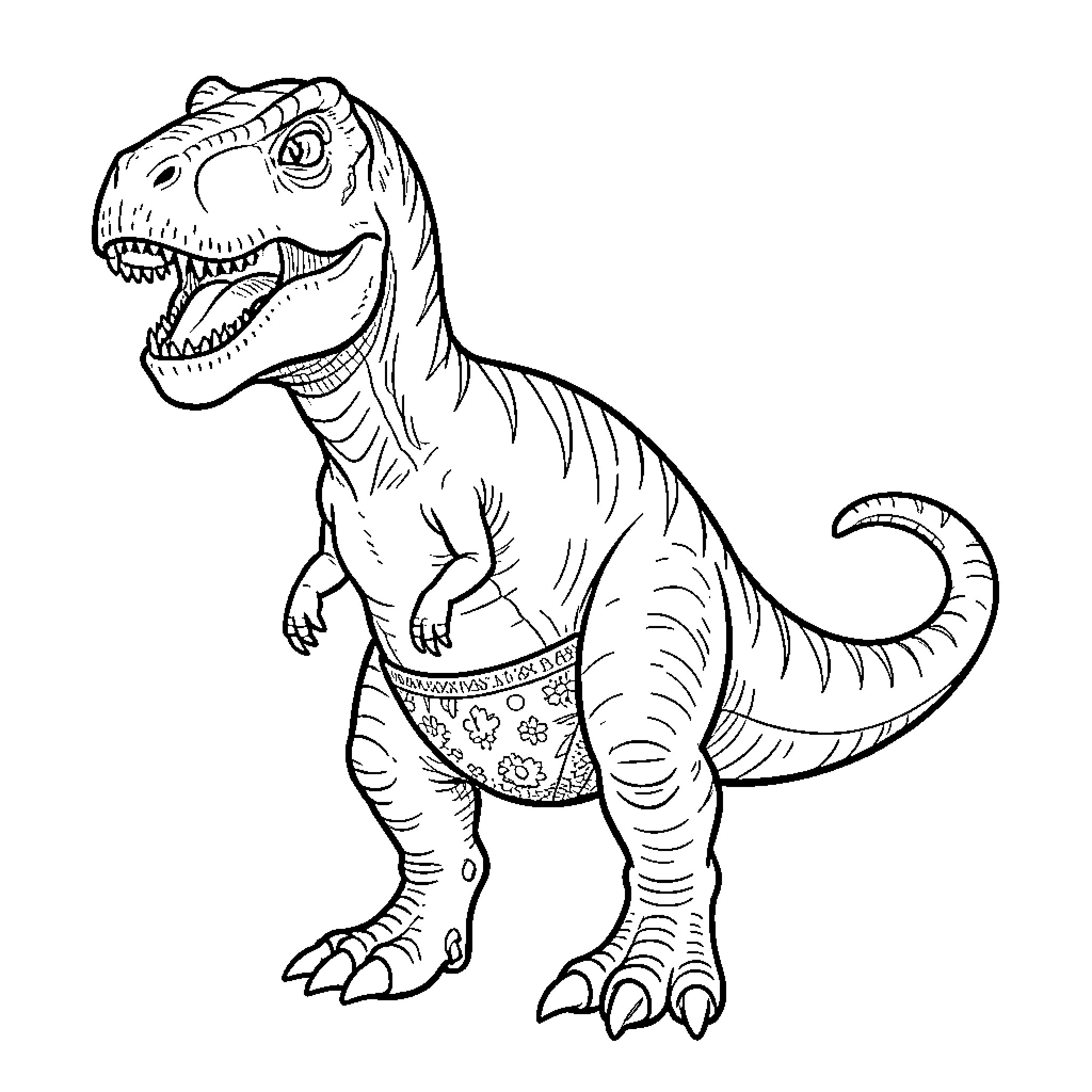 Dinosaur wearing patterned underwear and smiling happily Coloring Page (free black-and-white line drawing printable PDF for all, from beginners to advanced learners, including children, teens, adults, and seniors)