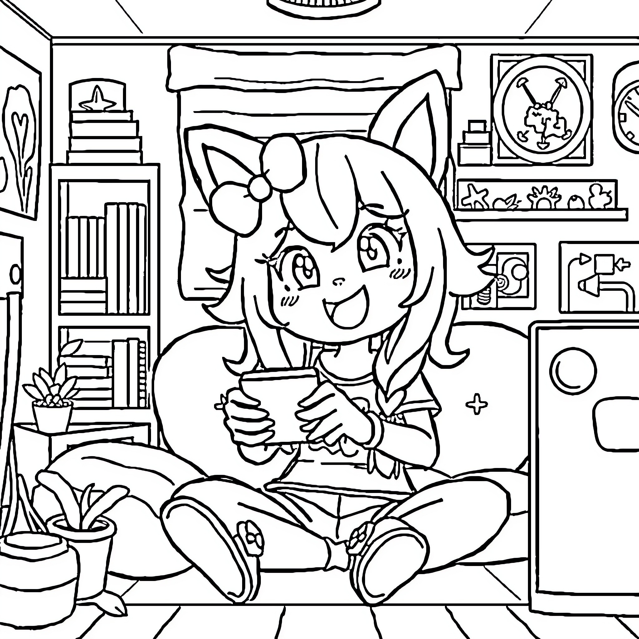 Aphmau enjoying reading in a cozy room Coloring Page (free black-and-white line drawing printable PDF for all, from beginners to advanced learners, including children, teens, adults, and seniors)