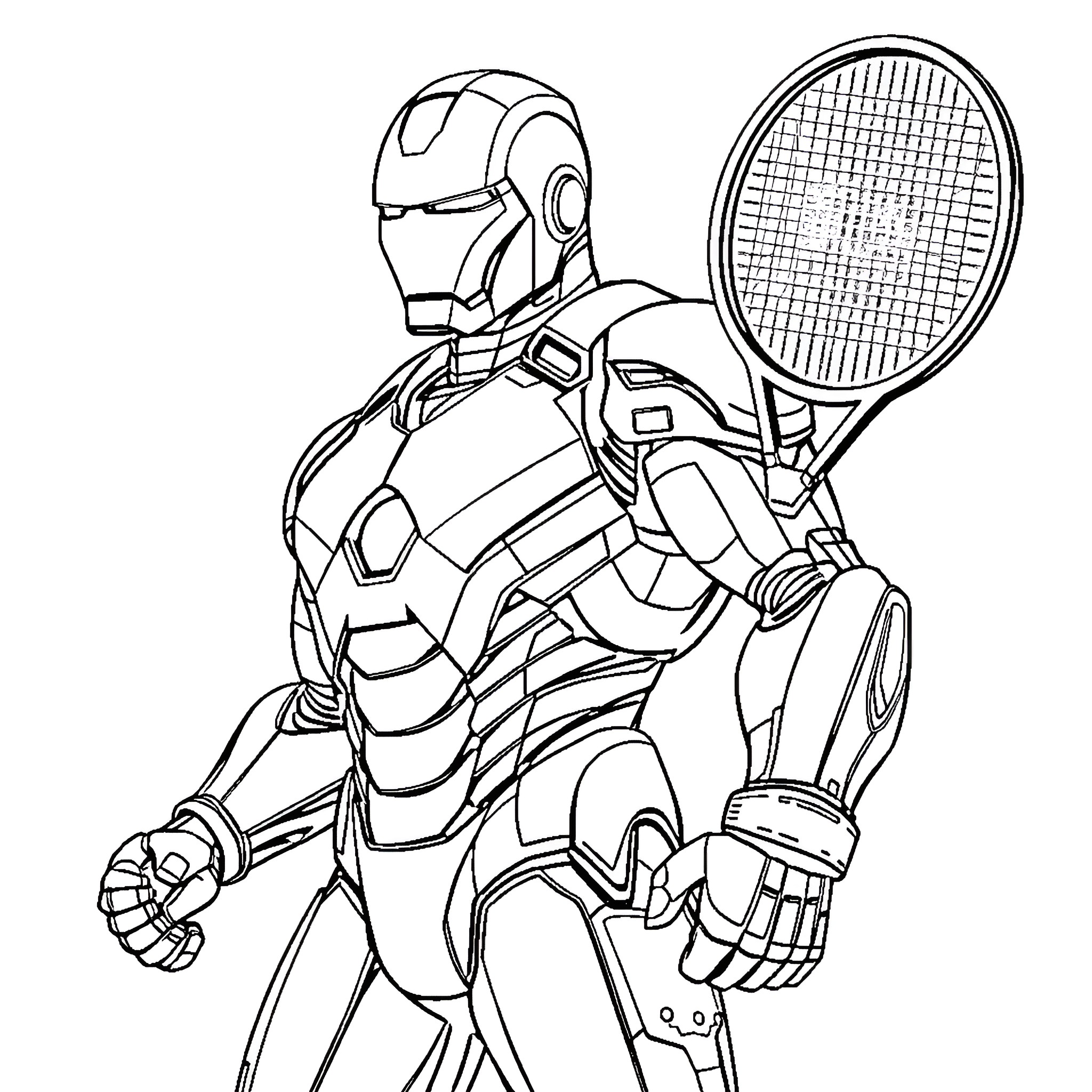 Iron Man Playing Tennis in Futuristic Armor Coloring Page (free black-and-white line drawing printable PDF for all, from beginners to advanced learners, including children, teens, adults, and seniors)