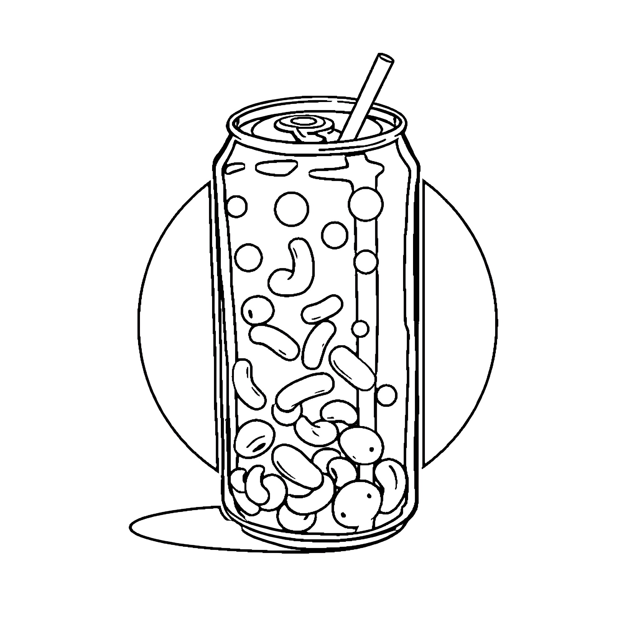 Soda Can with Bubbles and Straw Coloring Page (free black-and-white line drawing printable PDF for all, from beginners to advanced learners, including children, teens, adults, and seniors)