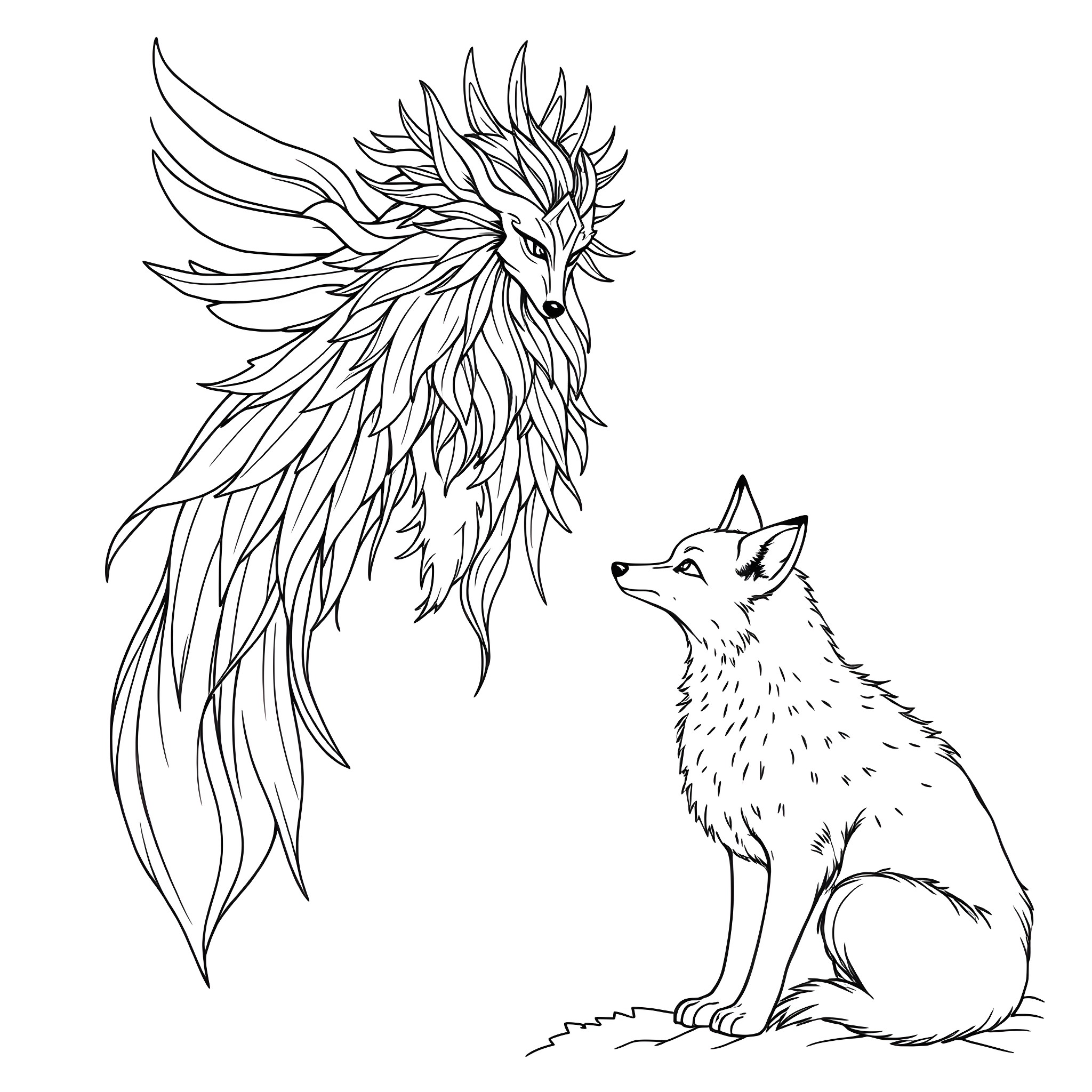 Spirit of the Wild: A Majestic Creature and its Companion Coloring Page (free black-and-white line drawing printable PDF for all, from beginners to advanced learners, including children, teens, adults, and seniors)