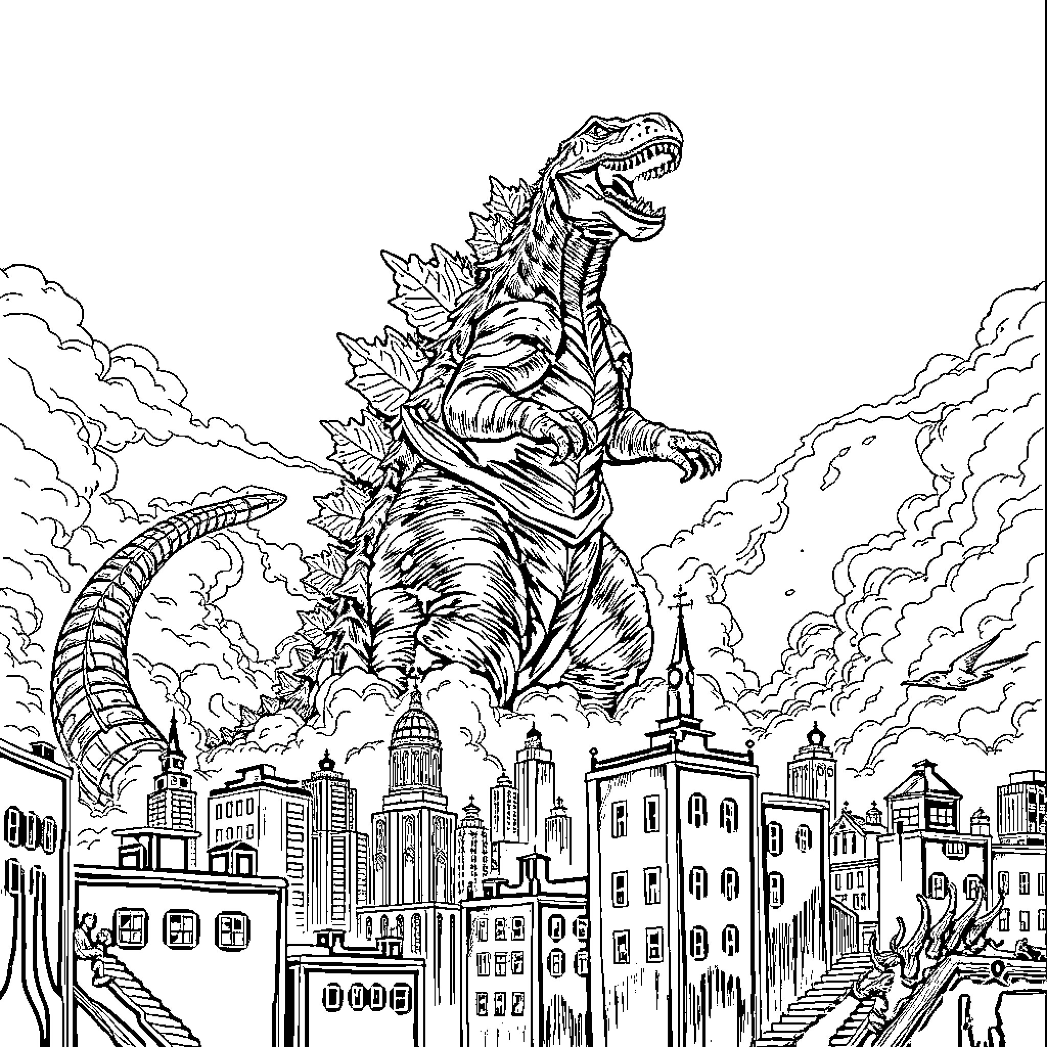 Godzilla Unleashes Destruction Over City Skyline Coloring Page (free black-and-white line drawing printable PDF for all, from beginners to advanced learners, including children, teens, adults, and seniors)