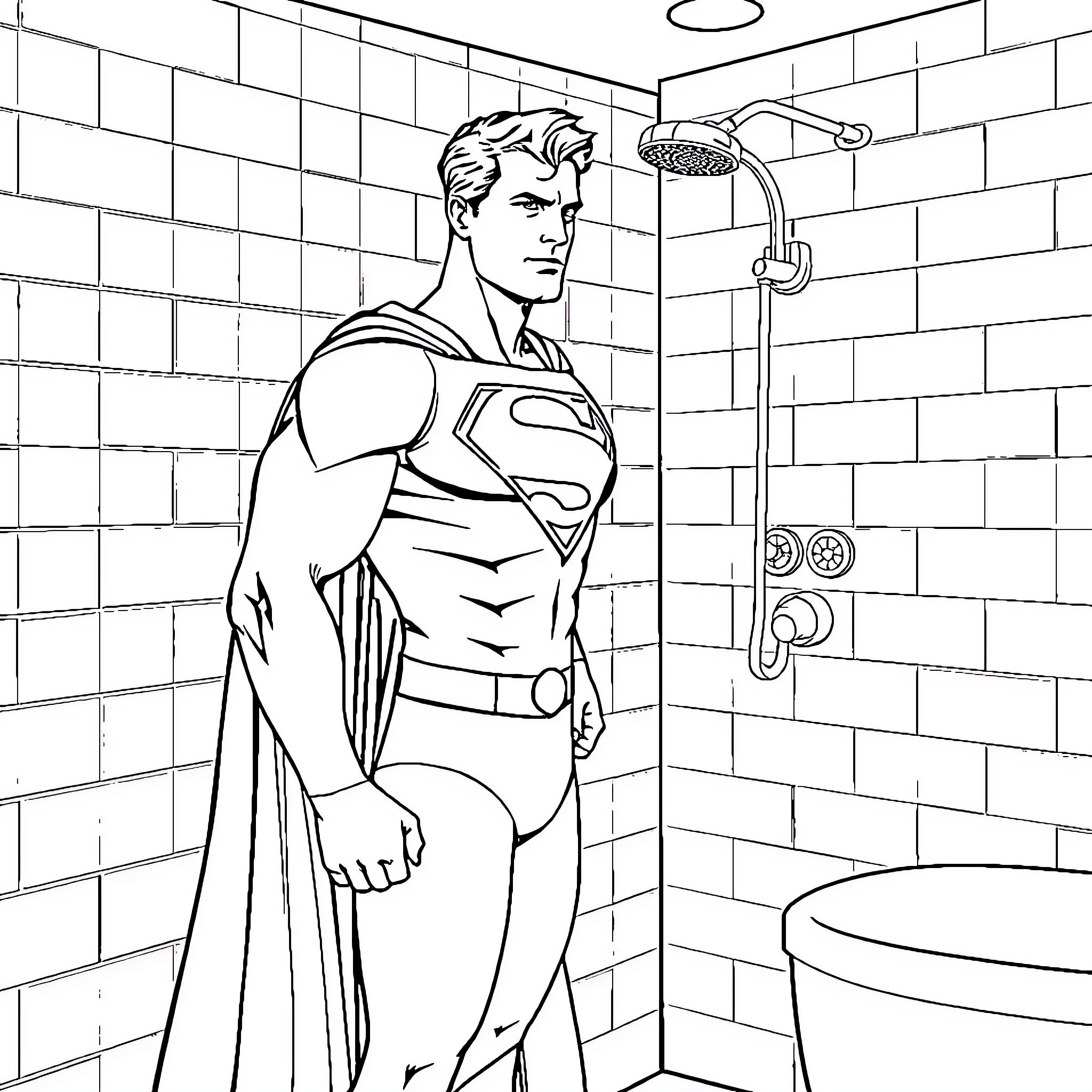 Superman taking a shower in the bathroom Coloring Page (free black-and-white line drawing printable PDF for all, from beginners to advanced learners, including children, teens, adults, and seniors)