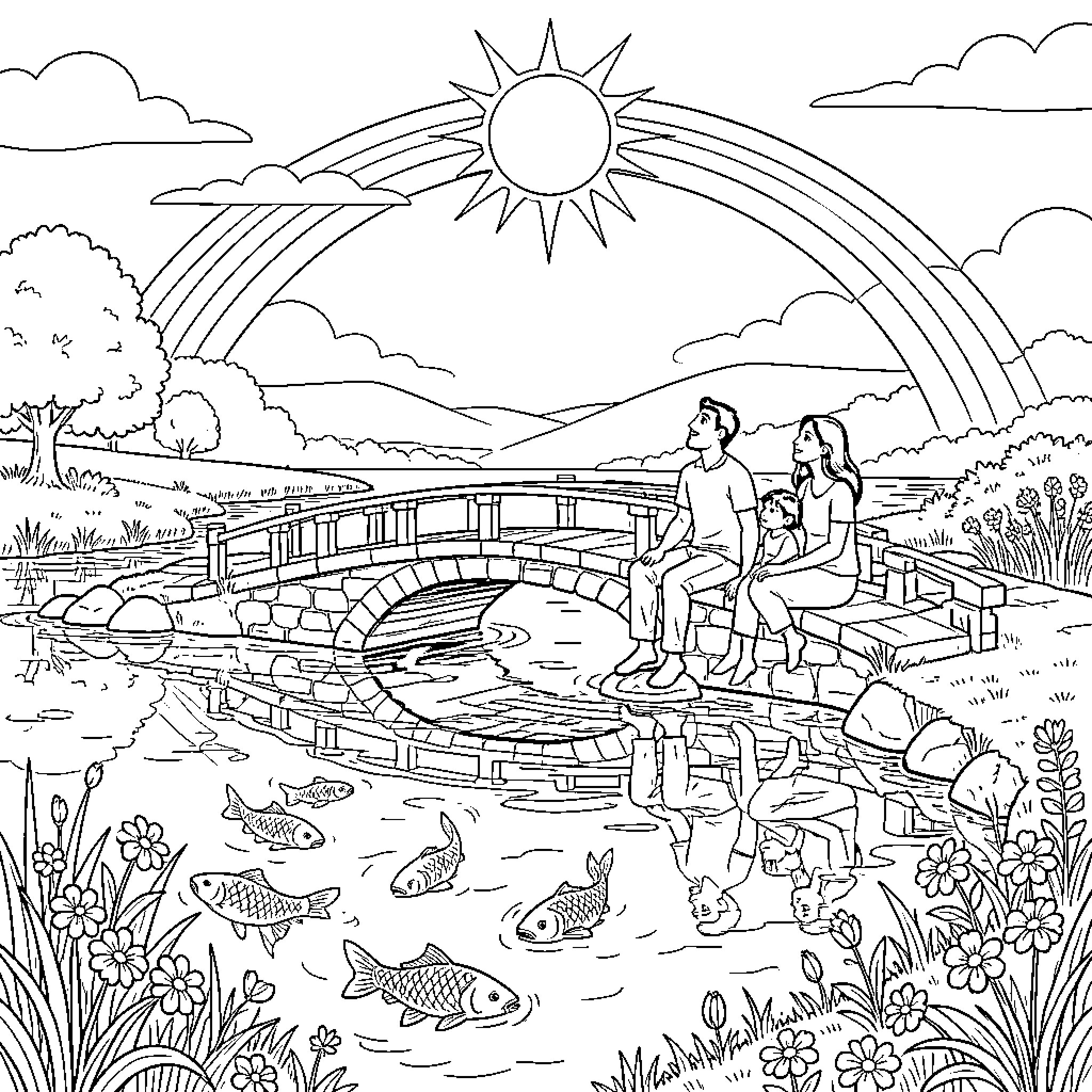 Lake scene with a family enjoying the landscape Coloring Page (free black-and-white line drawing printable PDF for all, from beginners to advanced learners, including children, teens, adults, and seniors)