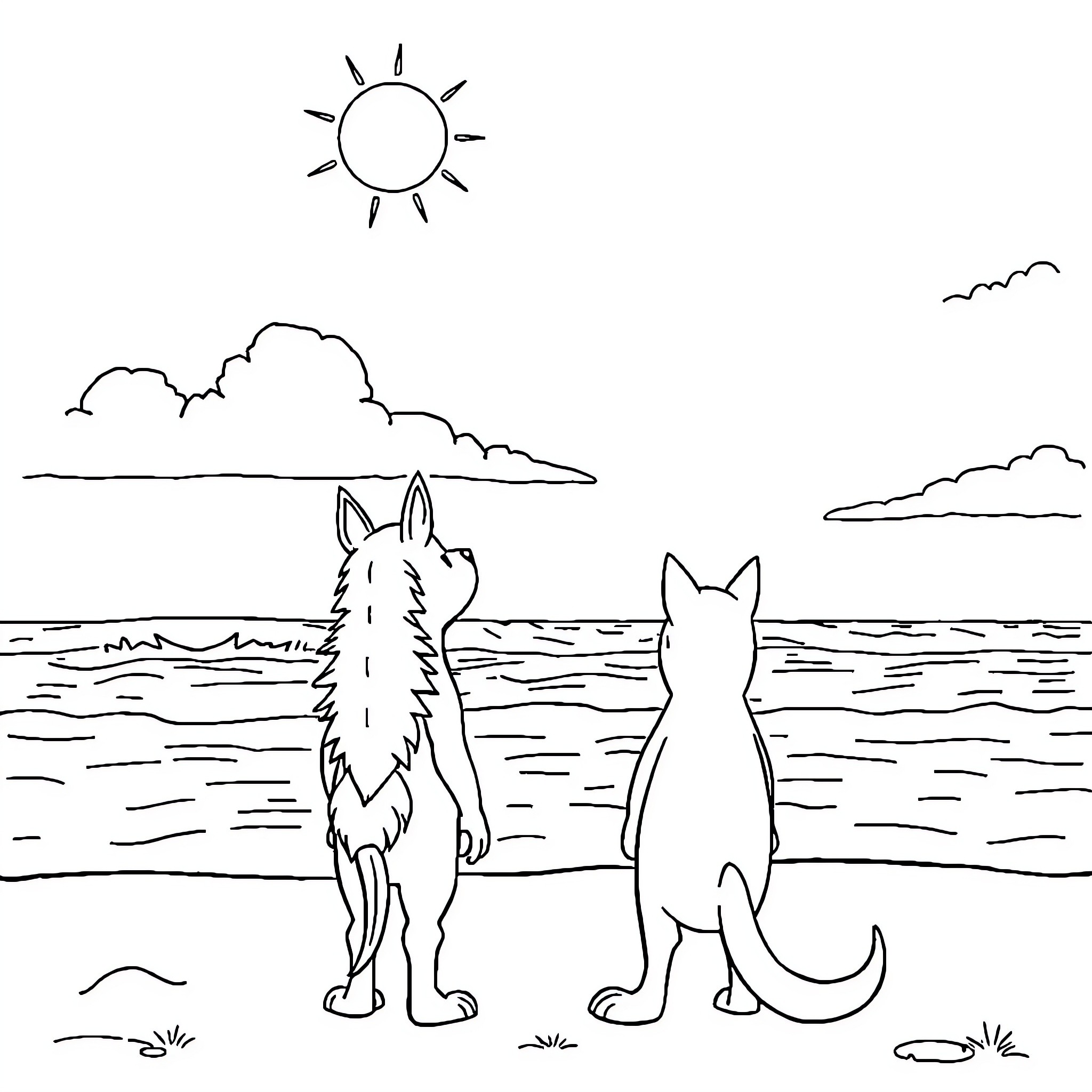 Goldorak wolves exploring the sunny seaside Coloring Page (free black-and-white line drawing printable PDF for all, from beginners to advanced learners, including children, teens, adults, and seniors)