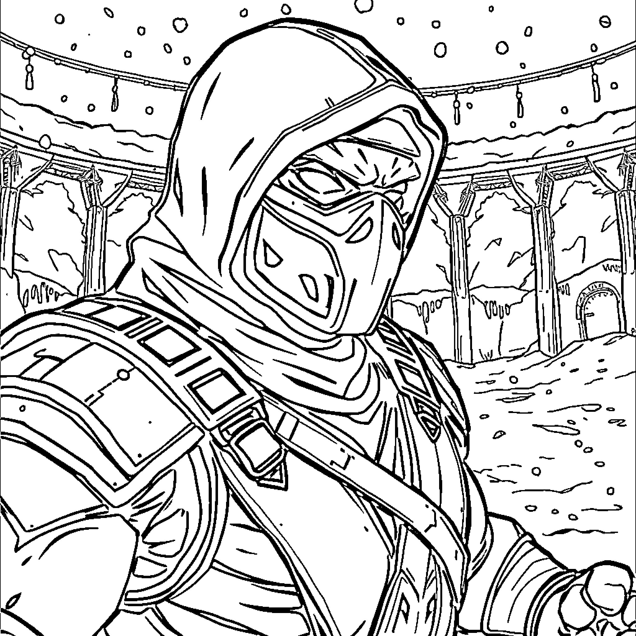Sub Zero Warrior in Icy Ruins Coloring Page (free black-and-white line drawing printable PDF for all, from beginners to advanced learners, including children, teens, adults, and seniors)