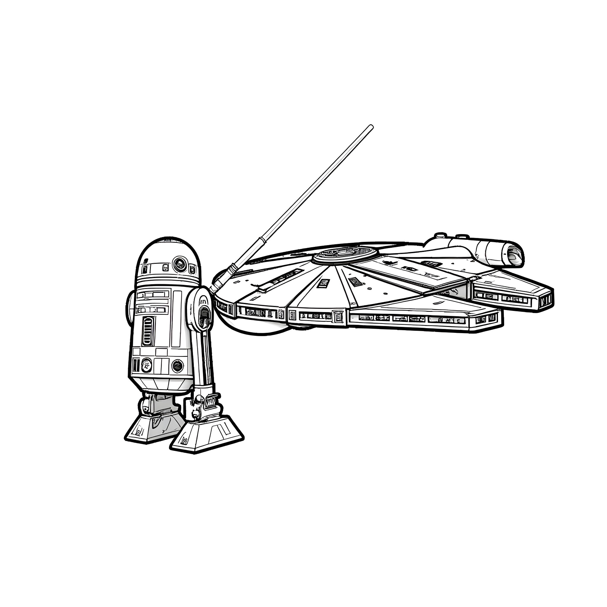 R2-D2 and the Millennium Falcon Coloring Page (free black-and-white line drawing printable PDF for all, from beginners to advanced learners, including children, teens, adults, and seniors)
