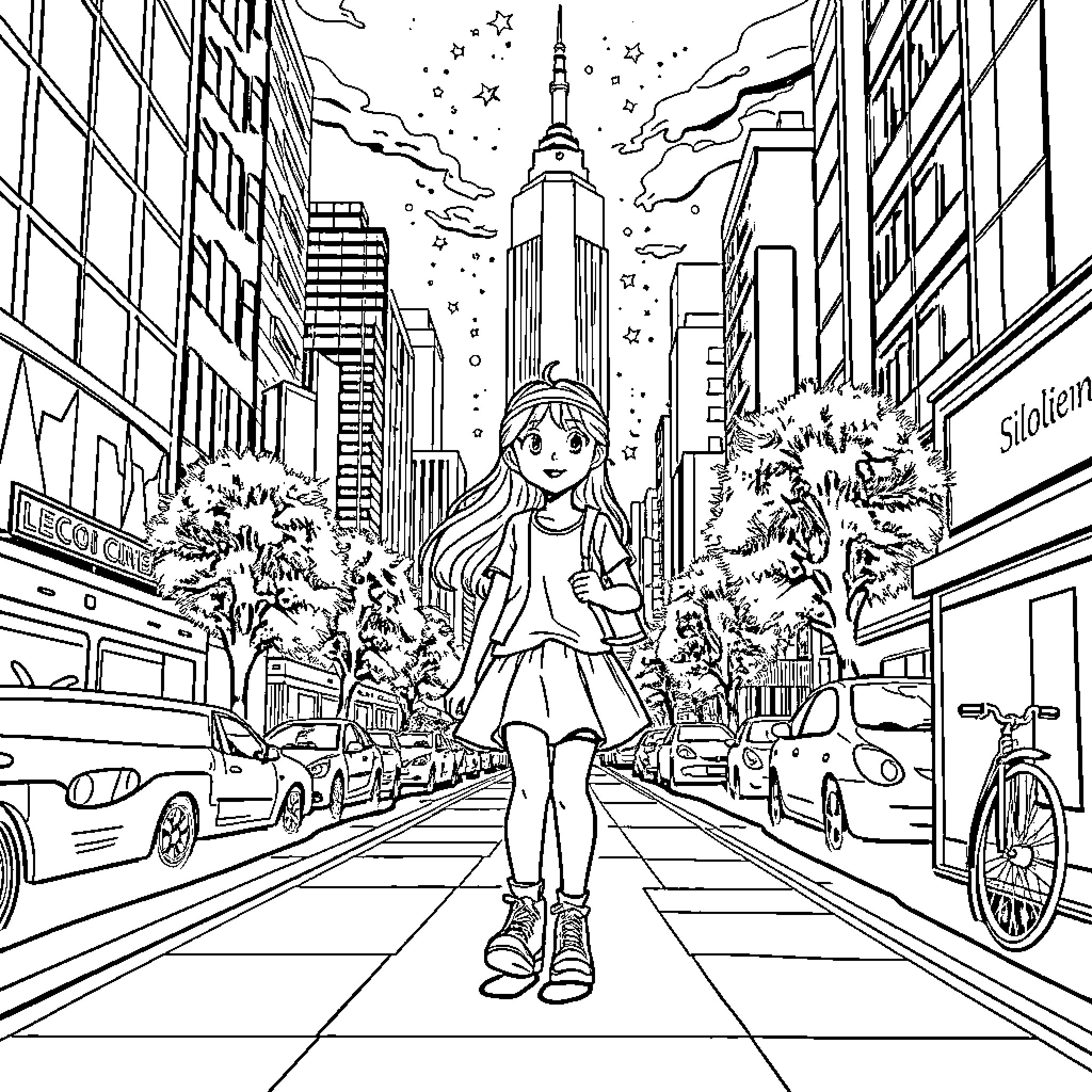 Nina's Whimsical Adventure in the City Coloring Page (free black-and-white line drawing printable PDF for all, from beginners to advanced learners, including children, teens, adults, and seniors)