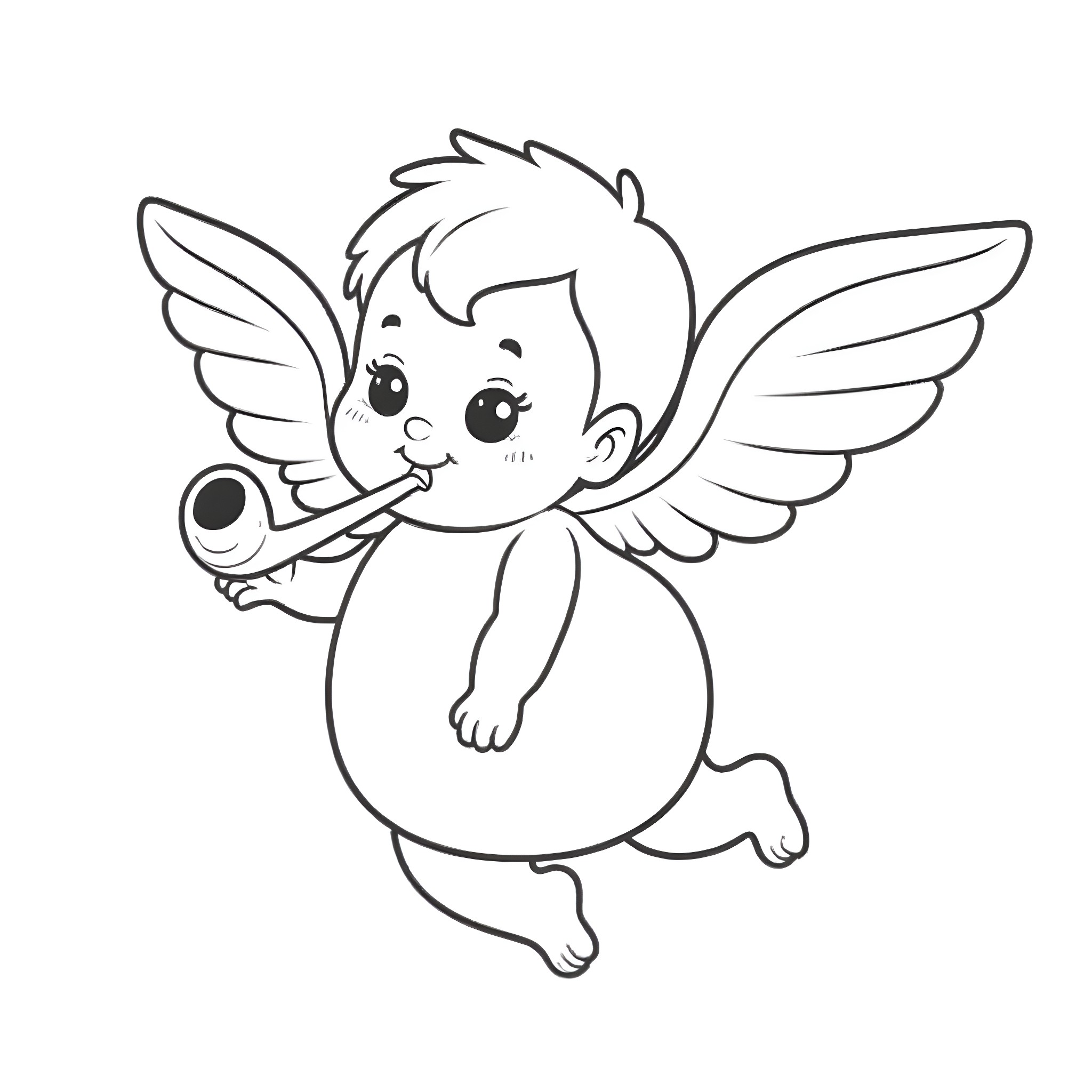 Imp-like Angel with Trumpet Coloring Page (free black-and-white line drawing printable PDF for all, from beginners to advanced learners, including children, teens, adults, and seniors)