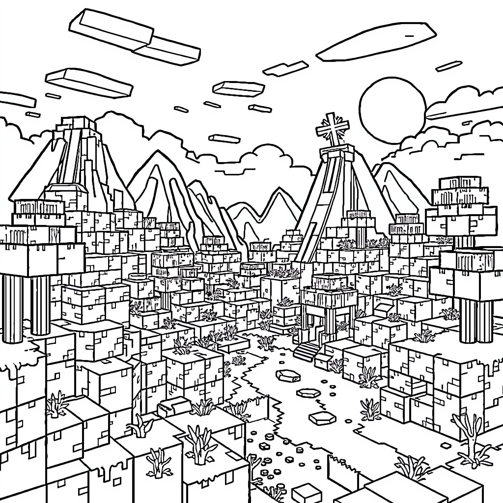 Minecraft Landscape with Mountainous Terrain and Diverse Architecture Coloring Page (free black-and-white line drawing printable PDF for all, from beginners to advanced learners, including children, teens, adults, and seniors)