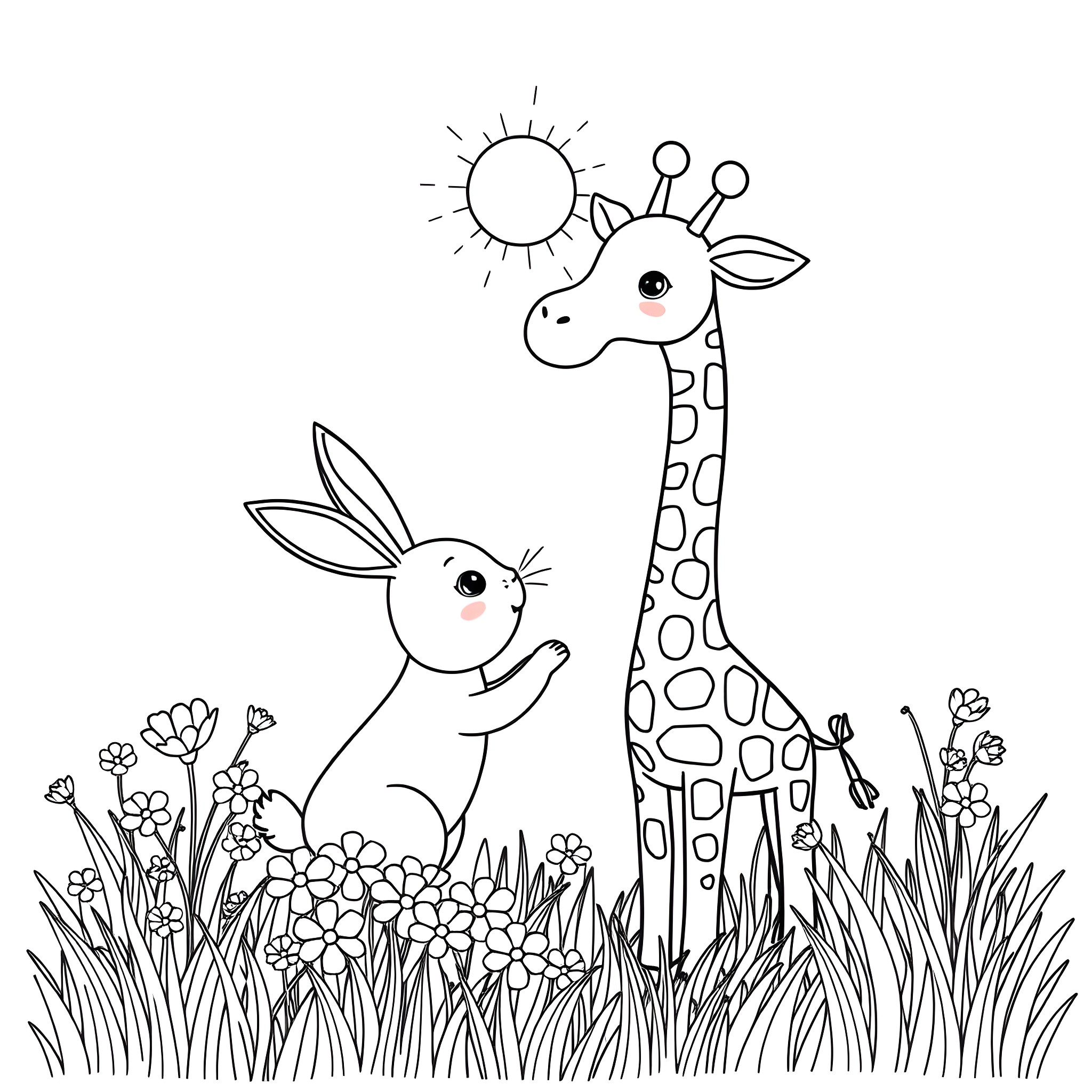 Bunny and Giraffe Playing in the Meadow Coloring Page (free black-and-white line drawing printable PDF for all, from beginners to advanced learners, including children, teens, adults, and seniors)