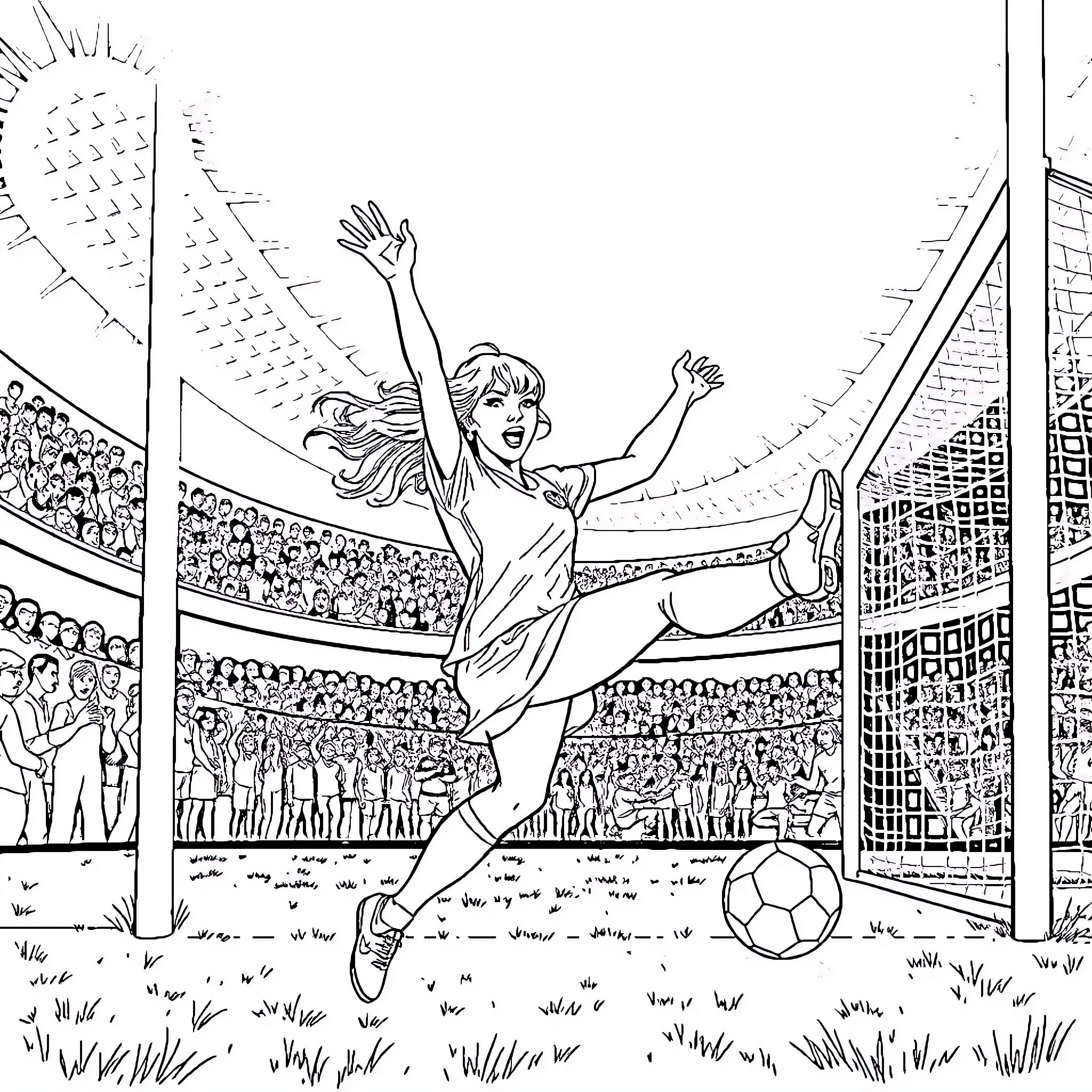 Taylor Swift in celebratory soccer player pose Coloring Page (free black-and-white line drawing printable PDF for all, from beginners to advanced learners, including children, teens, adults, and seniors)