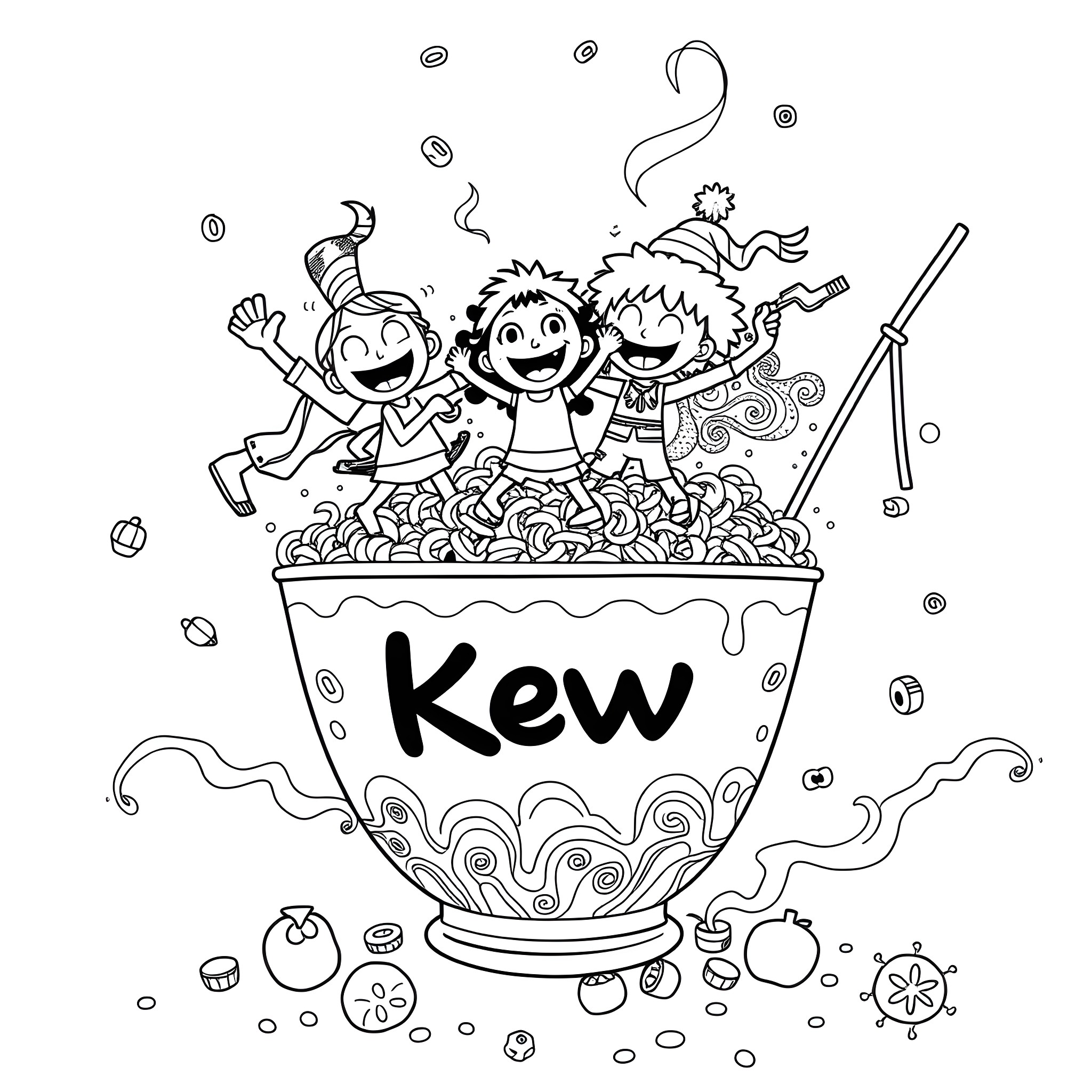 Krew - Three Playful Children Jumping in Kew Coloring Page (free black-and-white line drawing printable PDF for all, from beginners to advanced learners, including children, teens, adults, and seniors)