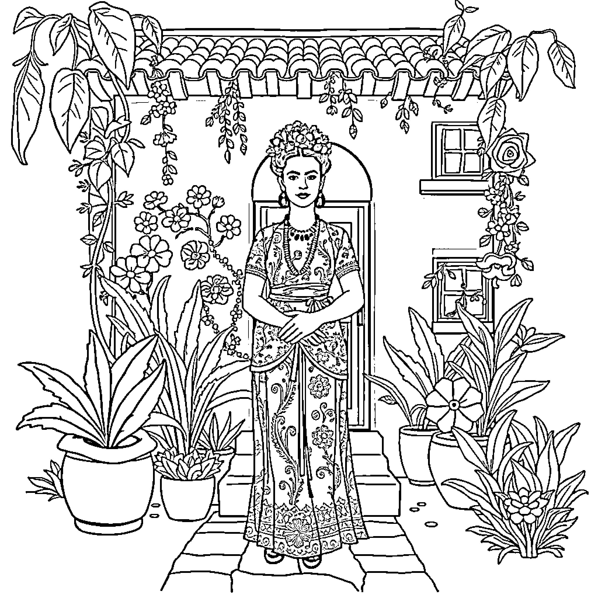 Frida Kahlo depicted in a lush, tropical setting Coloring Page (free black-and-white line drawing printable PDF for all, from beginners to advanced learners, including children, teens, adults, and seniors)