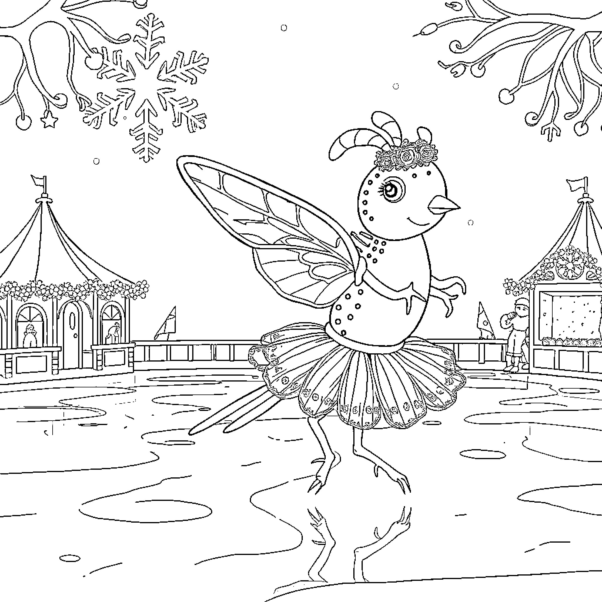 Spider Fairy Dancing at the Winter Carnival Coloring Page (free black-and-white line drawing printable PDF for all, from beginners to advanced learners, including children, teens, adults, and seniors)