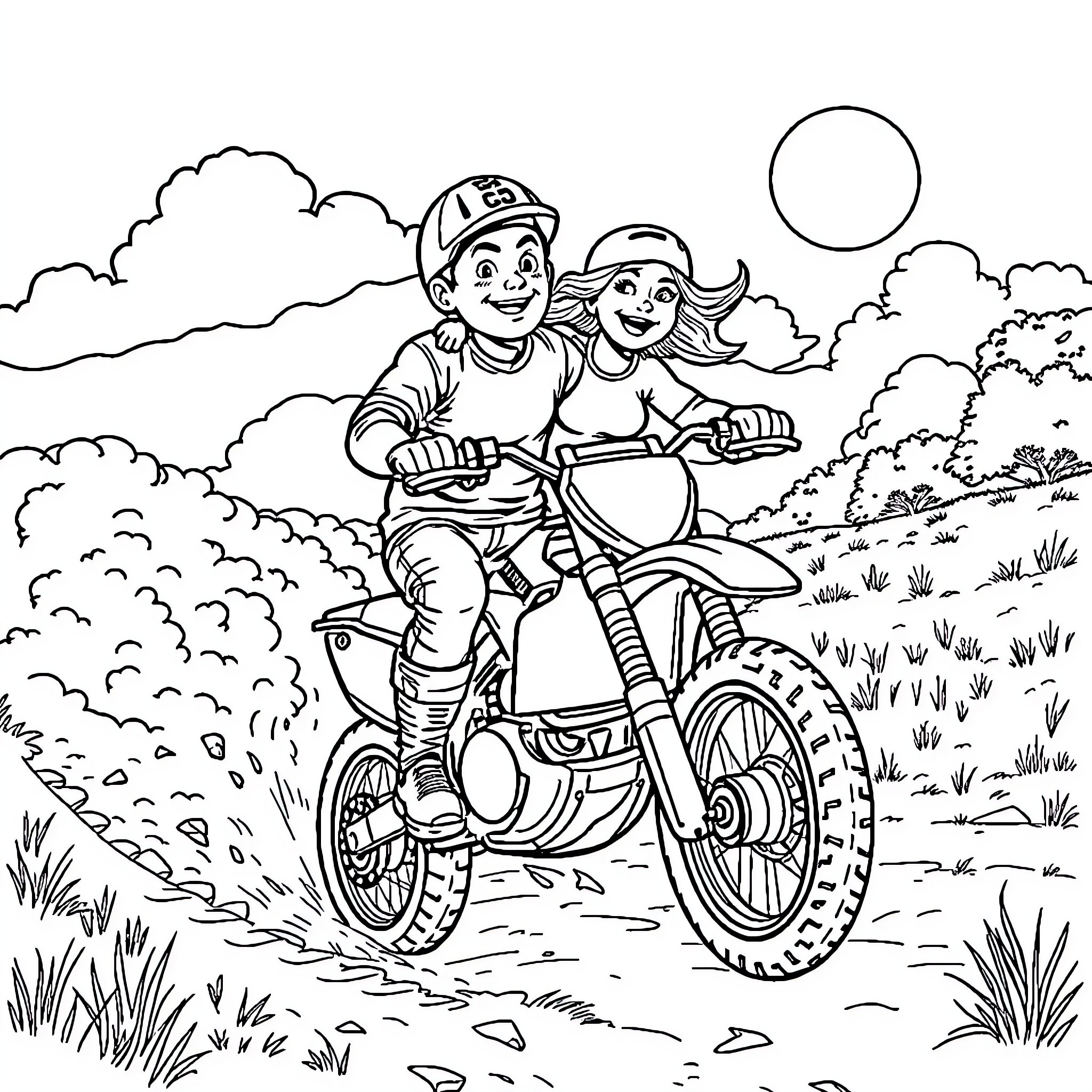 Dirtbike riders enjoying an adventure outdoors Coloring Page (free black-and-white line drawing printable PDF for all, from beginners to advanced learners, including children, teens, adults, and seniors)