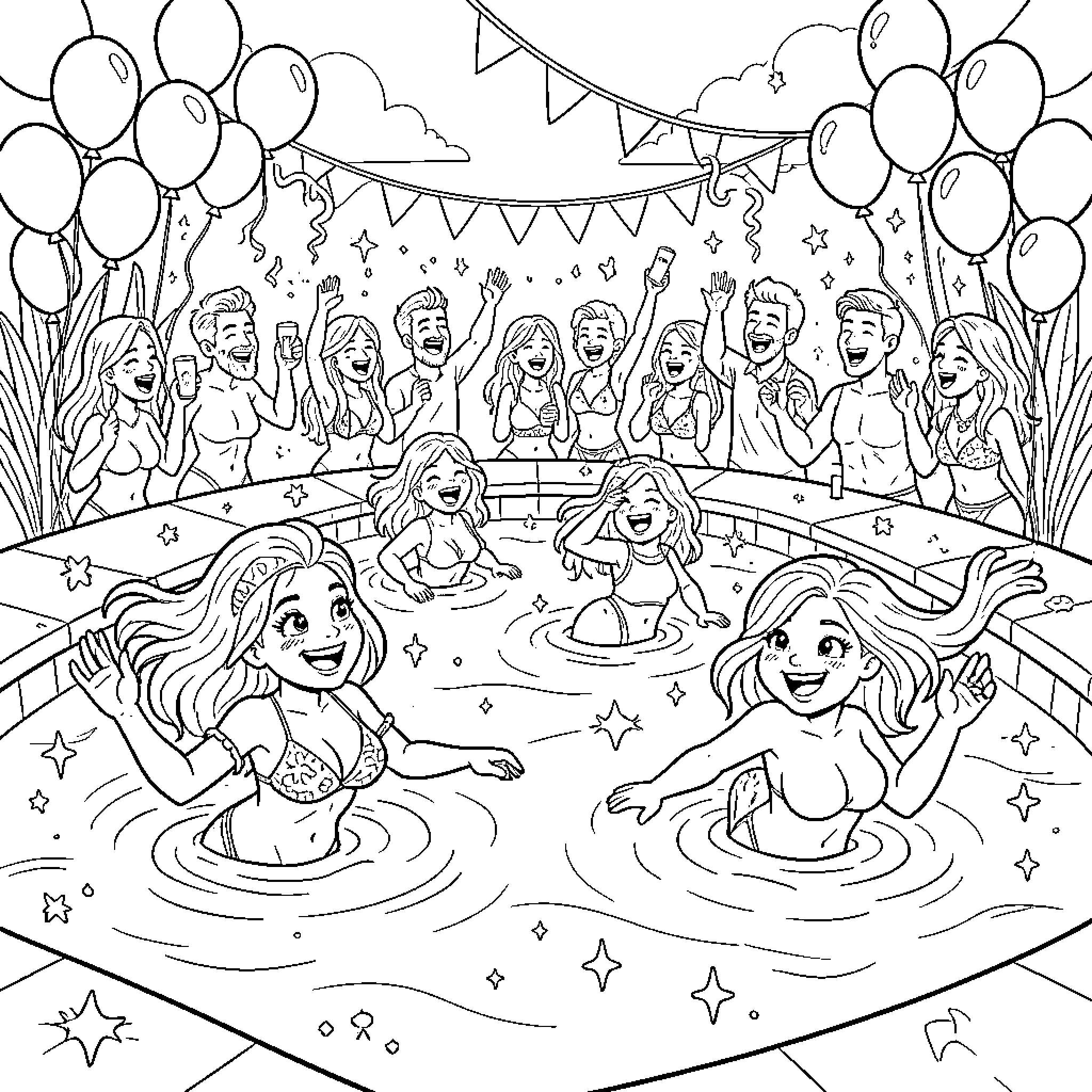 Siren girls celebrating and dancing in a pool Coloring Page (free black-and-white line drawing printable PDF for all, from beginners to advanced learners, including children, teens, adults, and seniors)