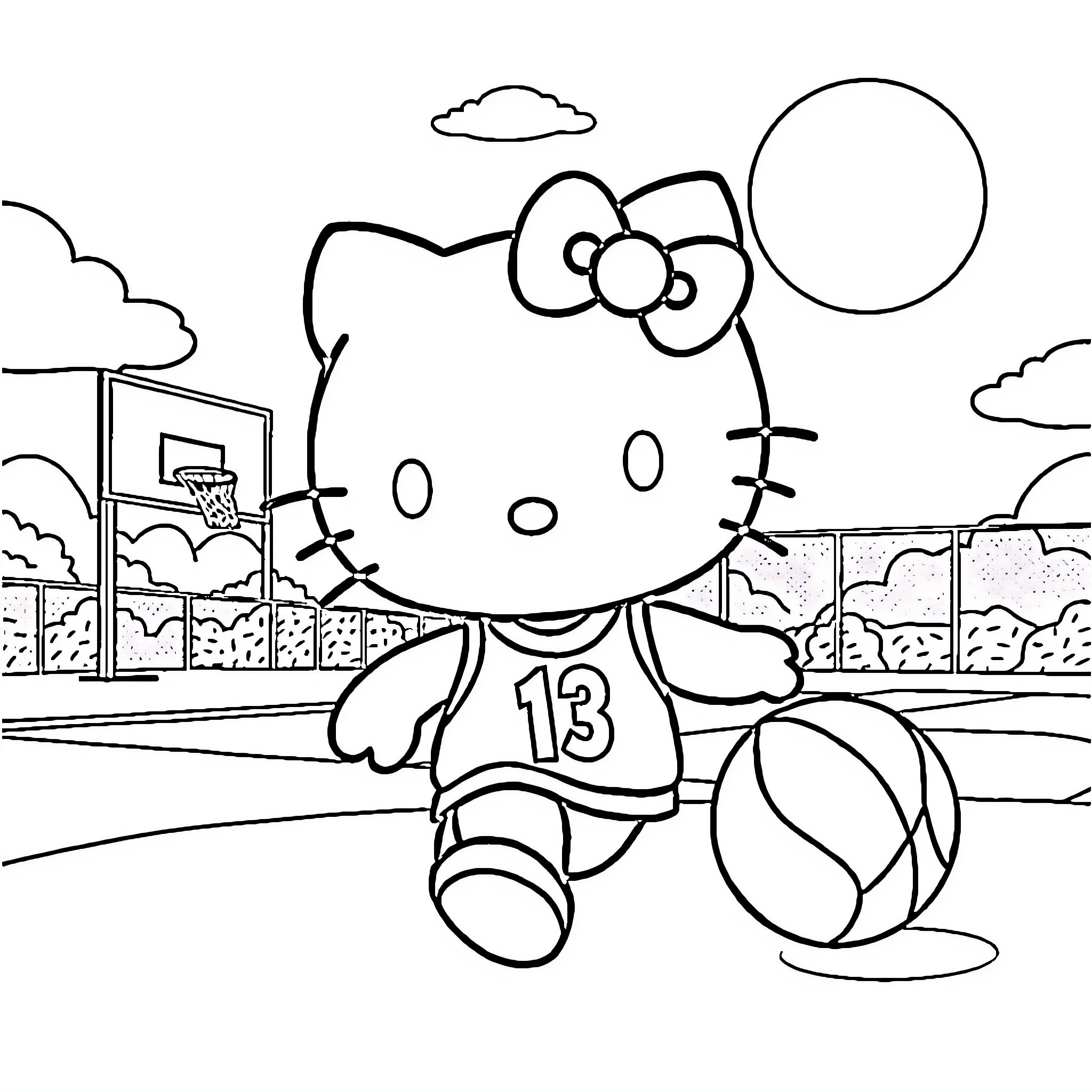 Hello Kitty playing basketball on the court Coloring Page (free black-and-white line drawing printable PDF for all, from beginners to advanced learners, including children, teens, adults, and seniors)