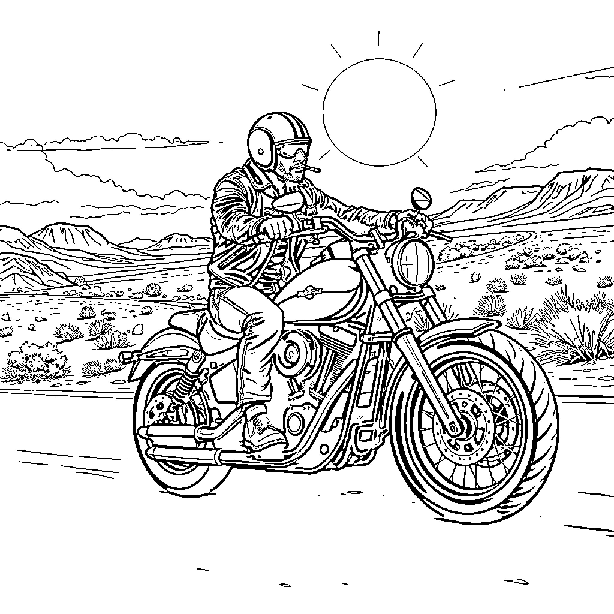 Biker riding motorcycle through desert landscape Coloring Page (free black-and-white line drawing printable PDF for all, from beginners to advanced learners, including children, teens, adults, and seniors)