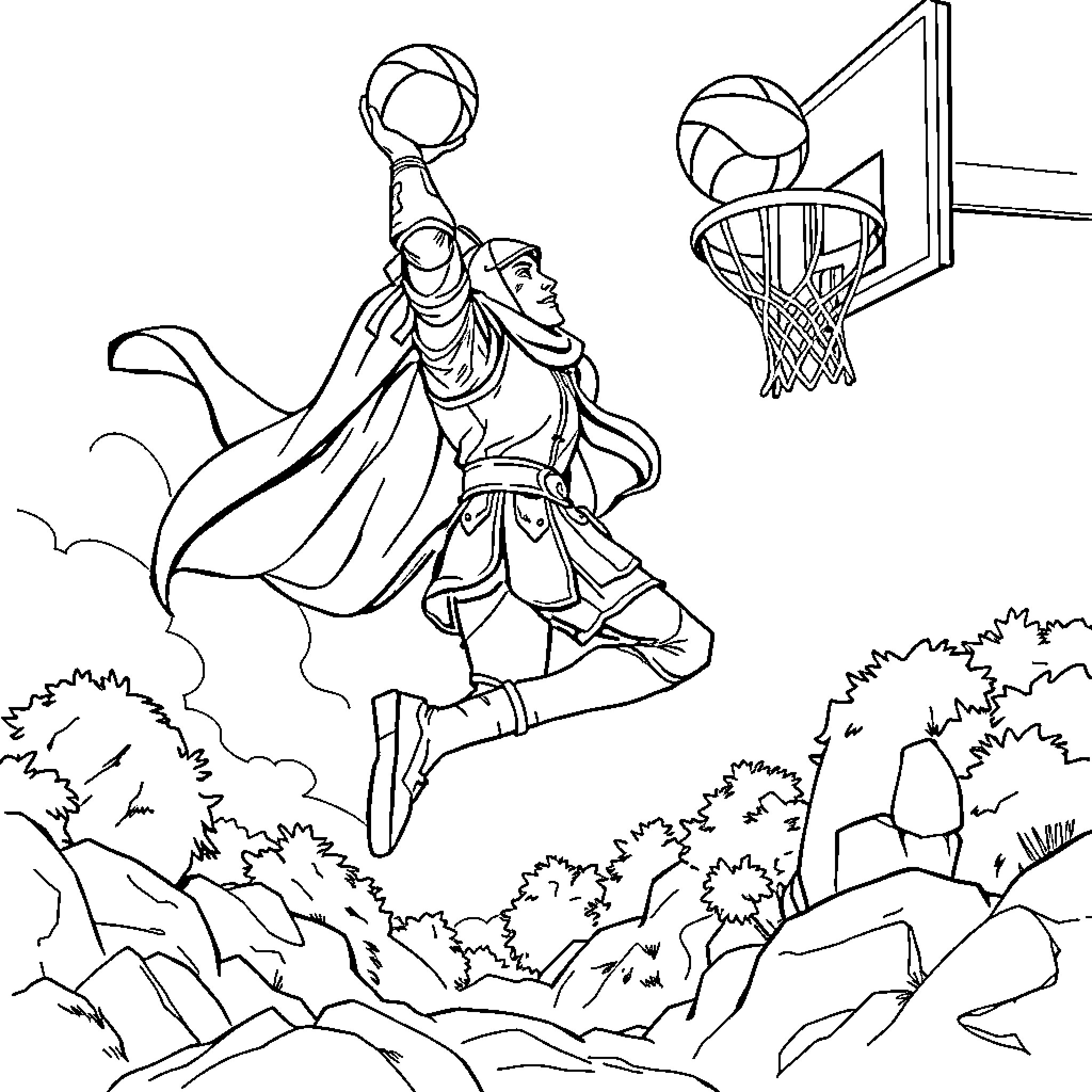 Knight dunking basketball in the wilderness Coloring Page (free black-and-white line drawing printable PDF for all, from beginners to advanced learners, including children, teens, adults, and seniors)