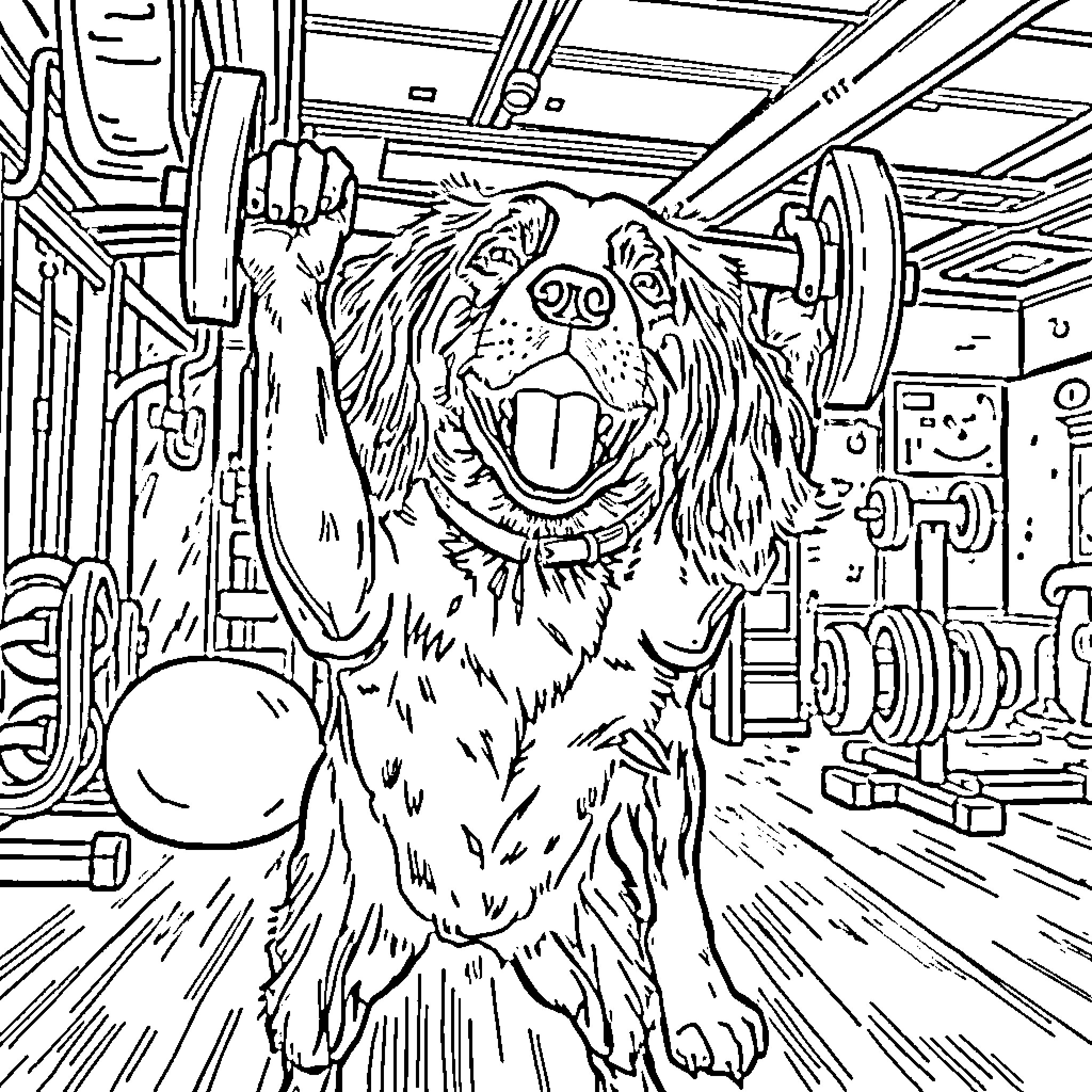Springer Spaniel working out enthusiastically in the gym Coloring Page (free black-and-white line drawing printable PDF for all, from beginners to advanced learners, including children, teens, adults, and seniors)
