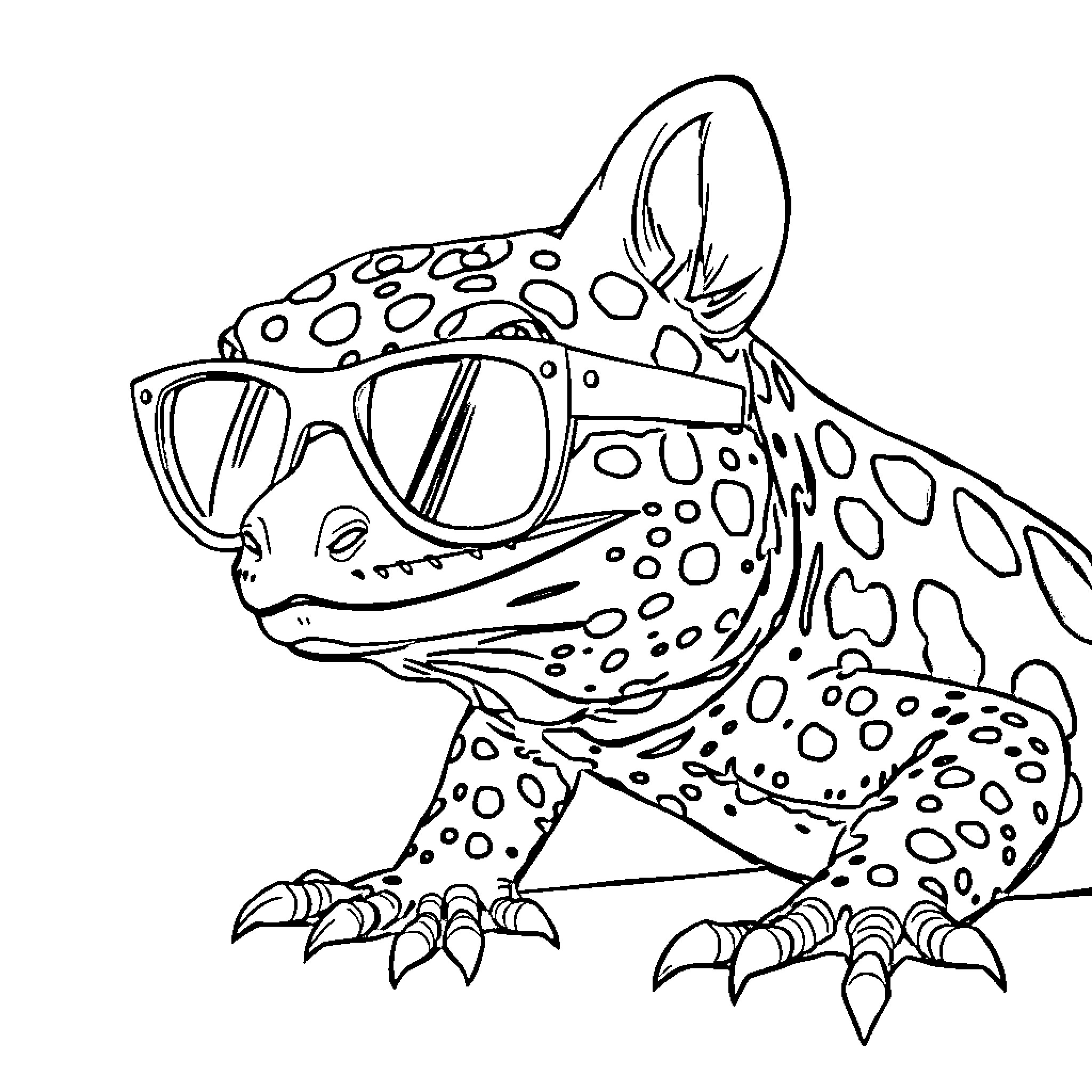 Leopard Gecko wearing cool sunglasses Coloring Page (free black-and-white line drawing printable PDF for all, from beginners to advanced learners, including children, teens, adults, and seniors)