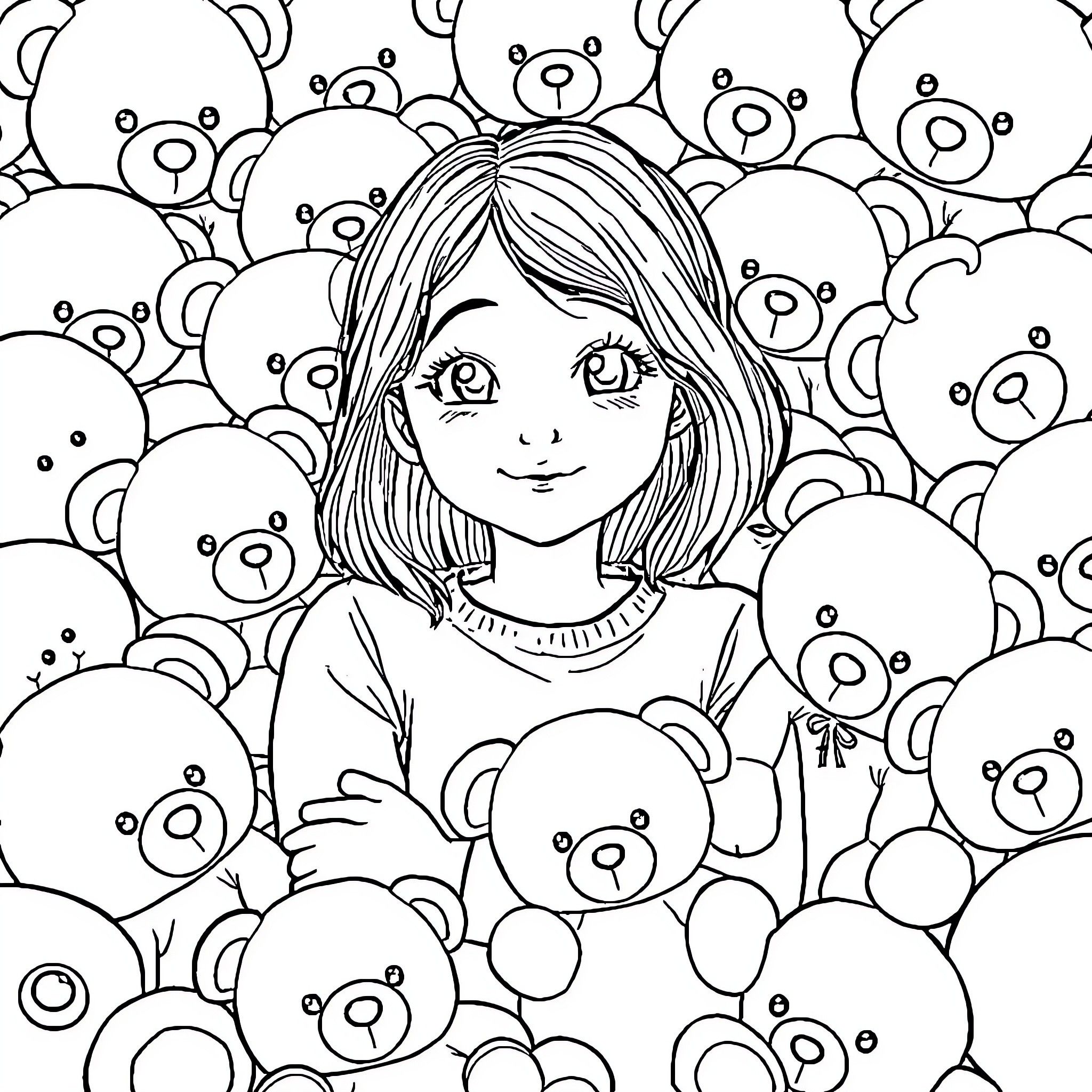 Girl surrounded by adorable stuffed bears Coloring Page (free black-and-white line drawing printable PDF for all, from beginners to advanced learners, including children, teens, adults, and seniors)