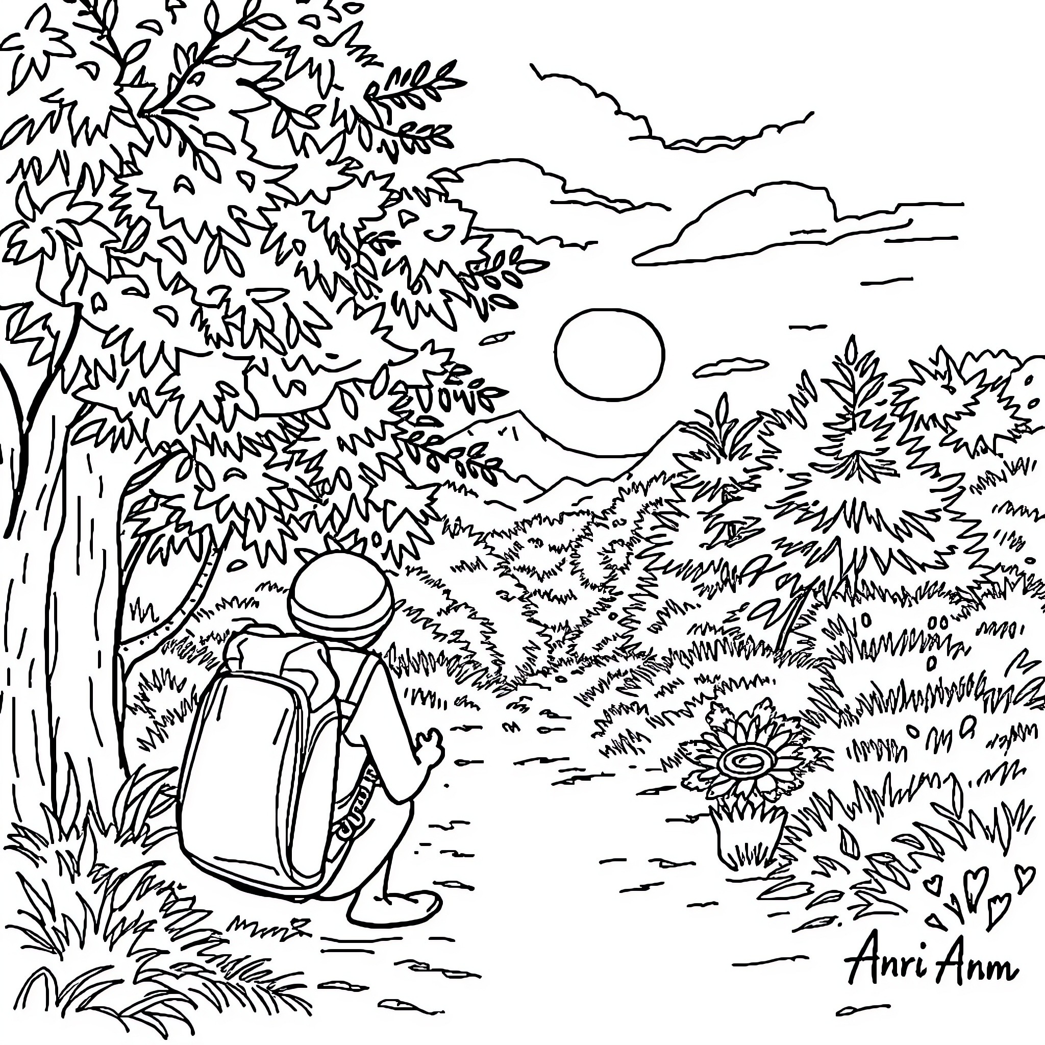 Image of a person walking in a scenic nature landscape Coloring Page (free black-and-white line drawing printable PDF for all, from beginners to advanced learners, including children, teens, adults, and seniors)