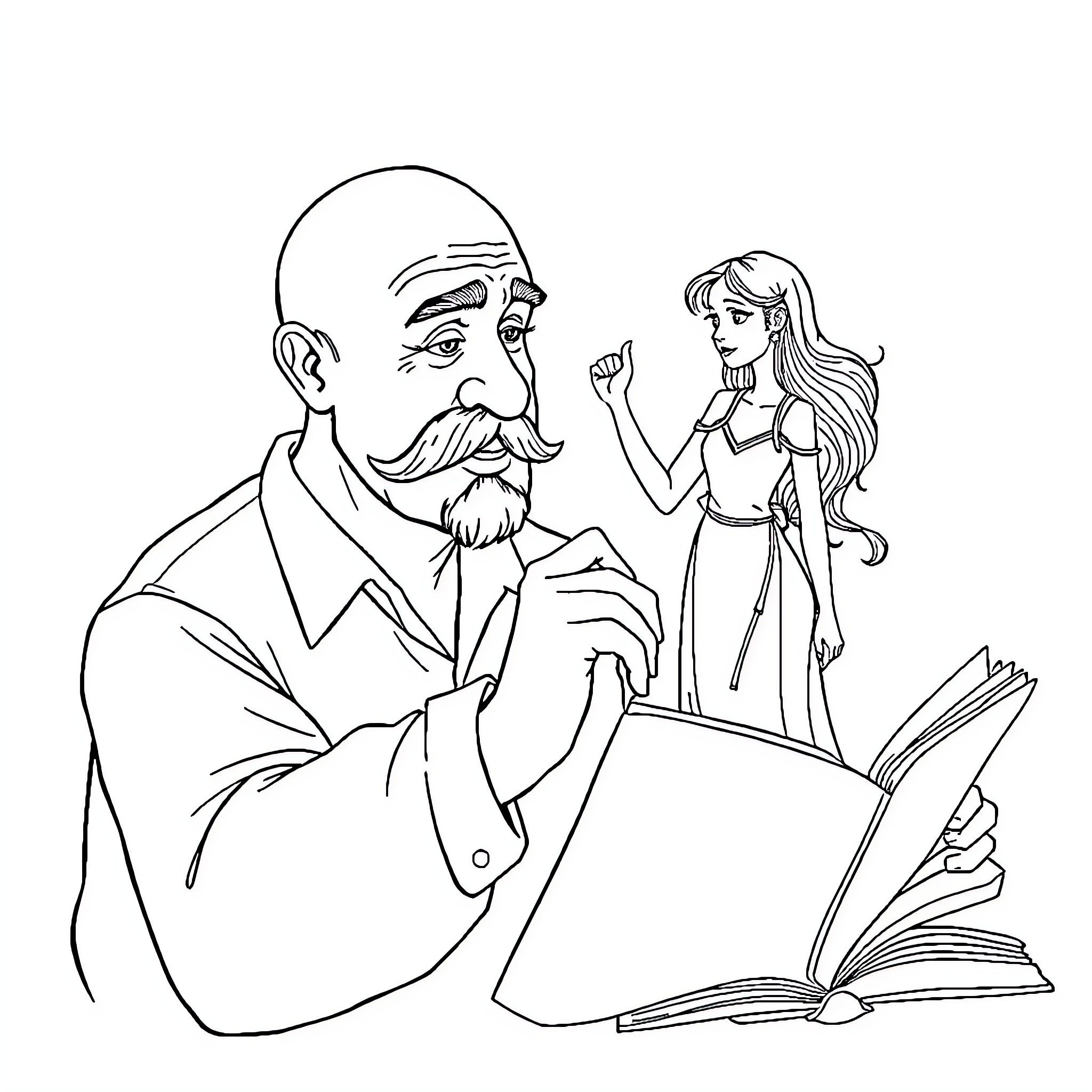 Man reading book while discussing with woman Coloring Page (free black-and-white line drawing printable PDF for all, from beginners to advanced learners, including children, teens, adults, and seniors)