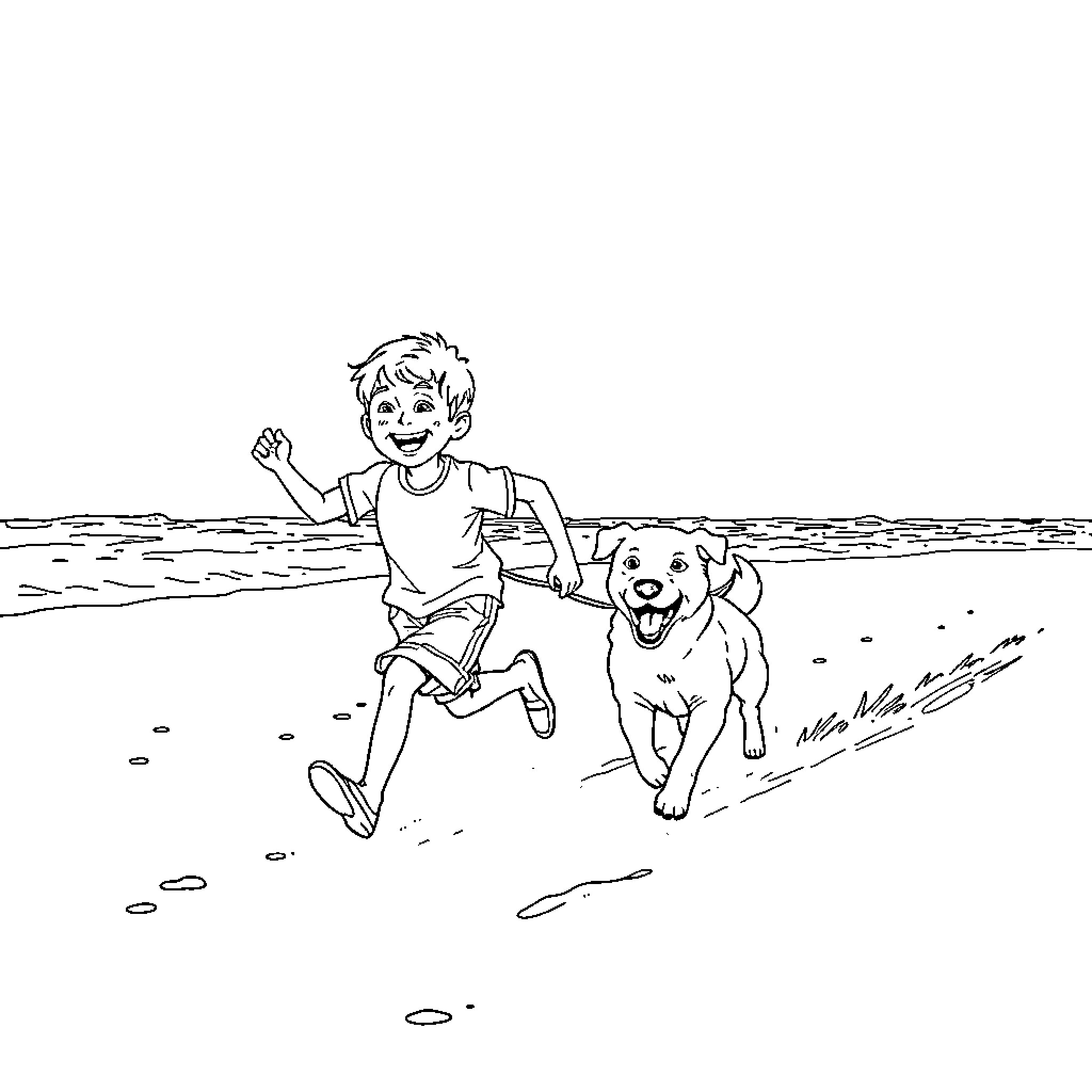 Boy running happily with his dog on the beach Coloring Page (free black-and-white line drawing printable PDF for all, from beginners to advanced learners, including children, teens, adults, and seniors)
