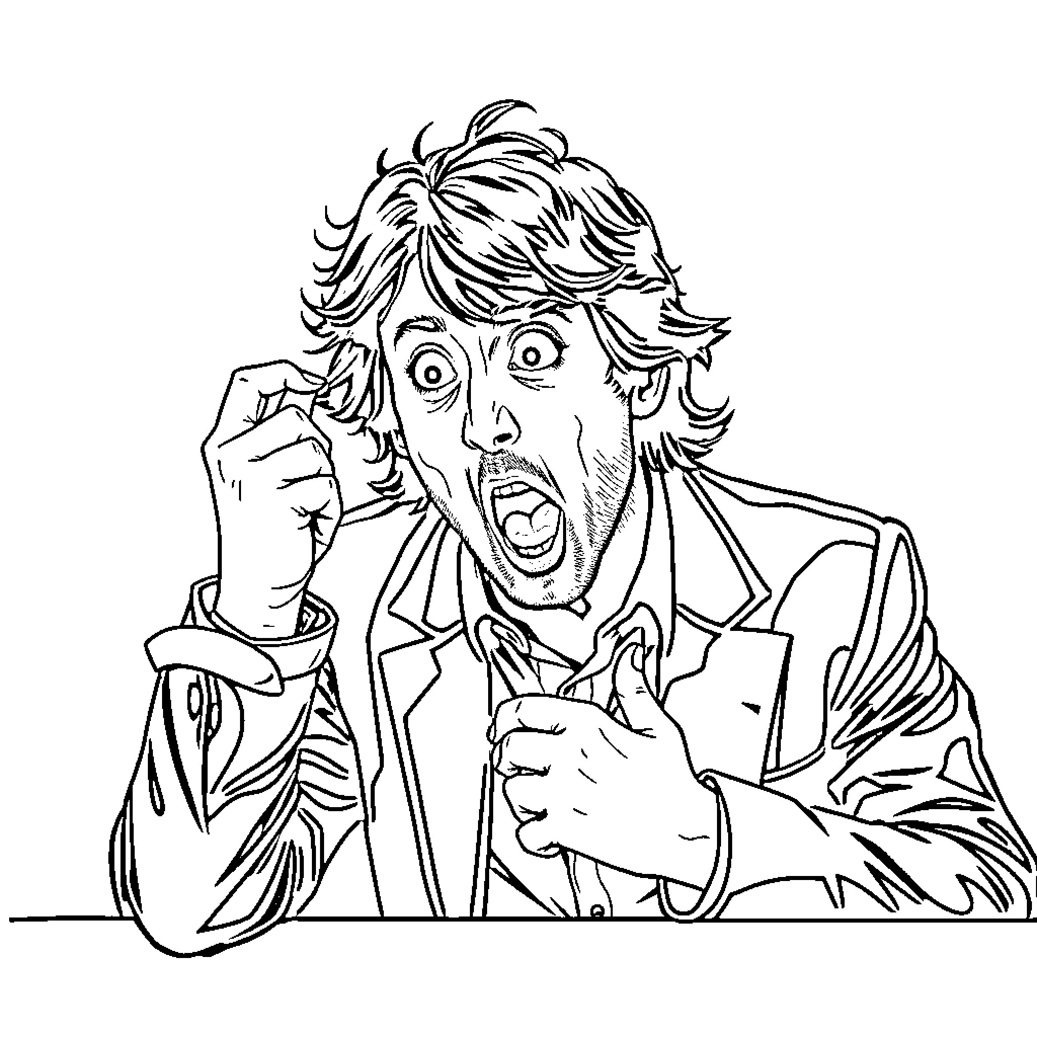 Javier Milei expressing animated passion and excitement Coloring Page (free black-and-white line drawing printable PDF for all, from beginners to advanced learners, including children, teens, adults, and seniors)