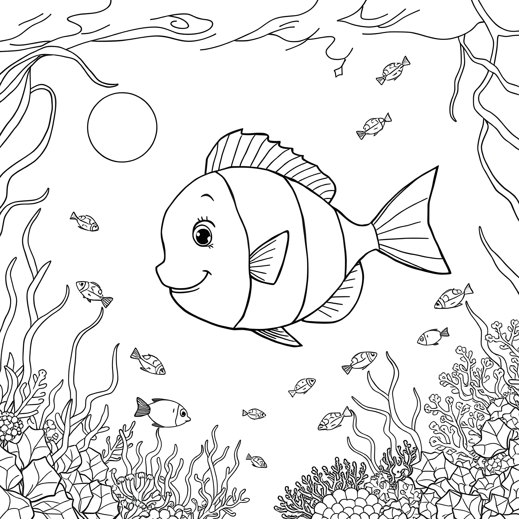 Flounder swimming happily in the underwater world Coloring Page (free black-and-white line drawing printable PDF for all, from beginners to advanced learners, including children, teens, adults, and seniors)
