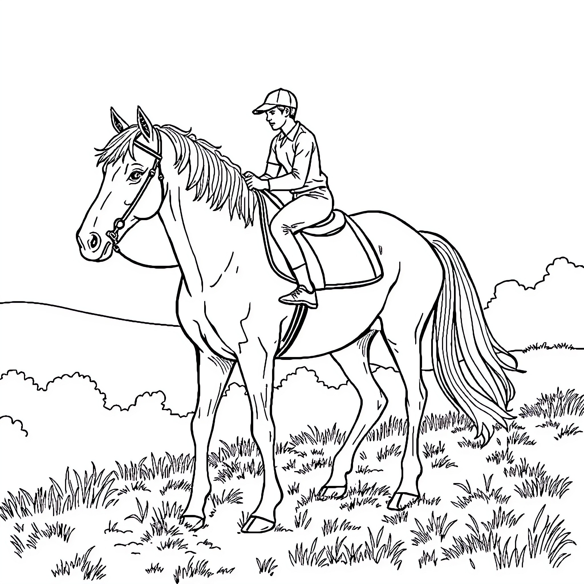 Horse rider exploring the countryside Coloring Page (free black-and-white line drawing printable PDF for all, from beginners to advanced learners, including children, teens, adults, and seniors)