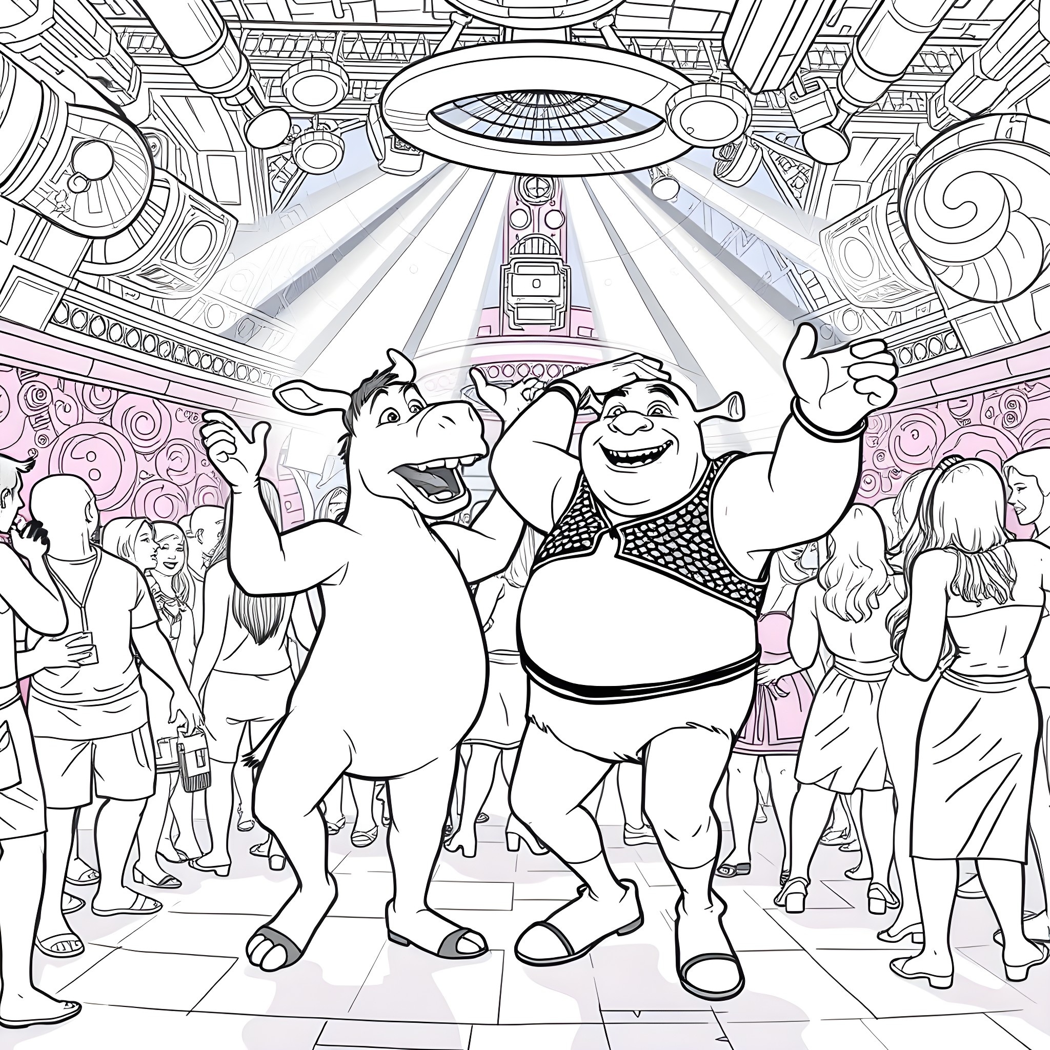 Shrek and Donkey celebrate joyfully in a fantastical setting Coloring Page (free black-and-white line drawing printable PDF for all, from beginners to advanced learners, including children, teens, adults, and seniors)