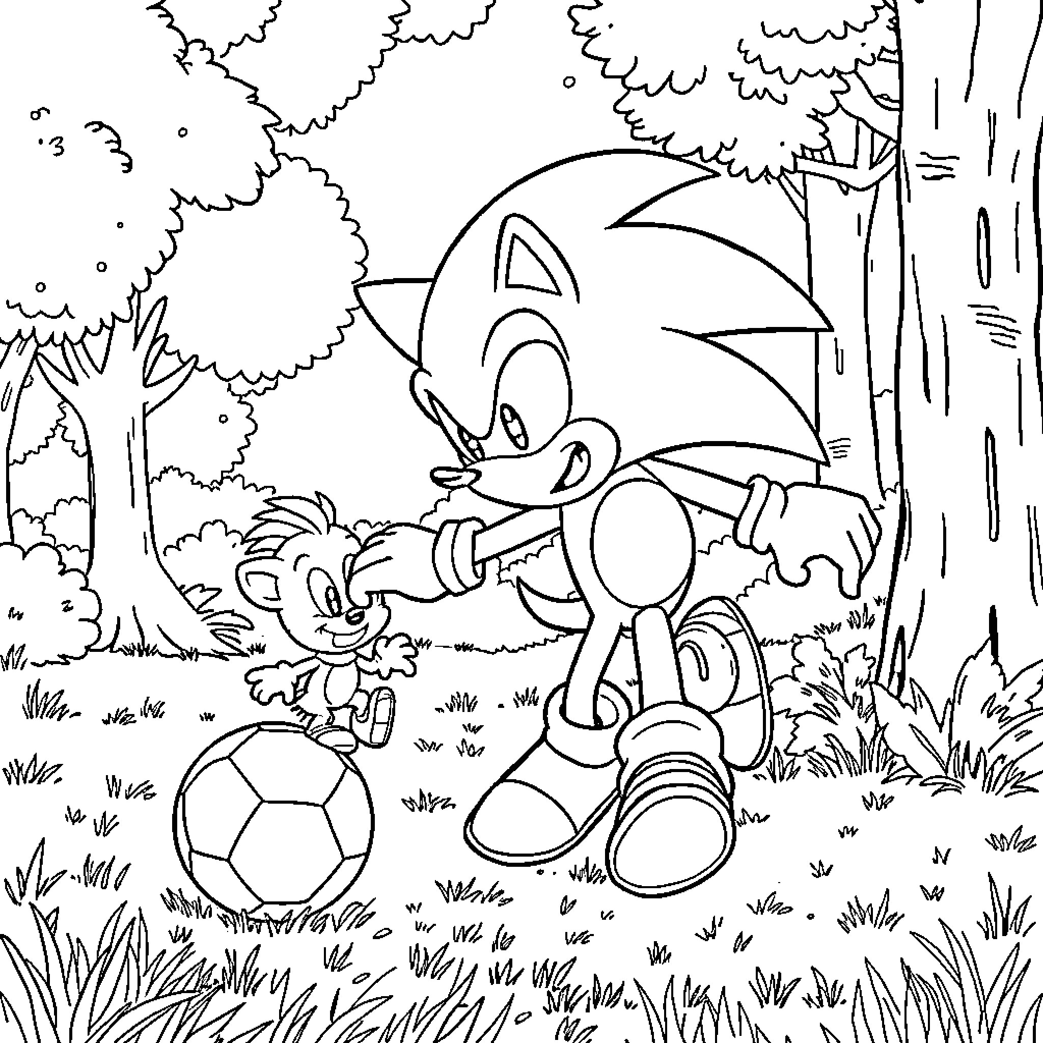 Sonic playing with a soccer ball in the forest Coloring Page (free black-and-white line drawing printable PDF for all, from beginners to advanced learners, including children, teens, adults, and seniors)