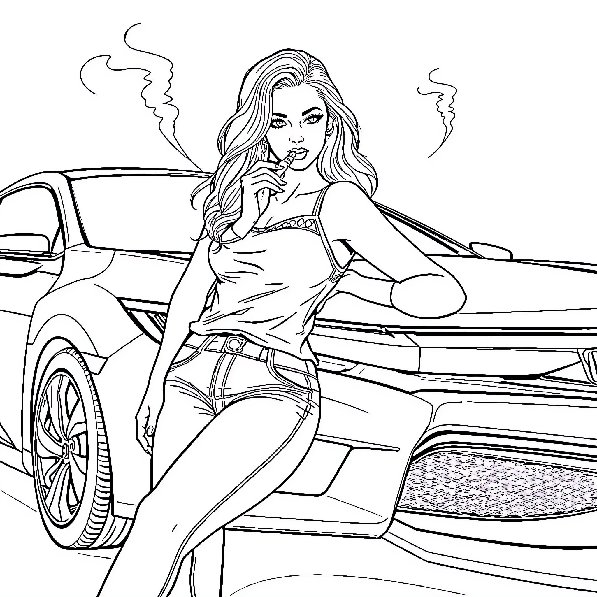 Blonde woman posing confidently with sports car Coloring Page (free black-and-white line drawing printable PDF for all, from beginners to advanced learners, including children, teens, adults, and seniors)