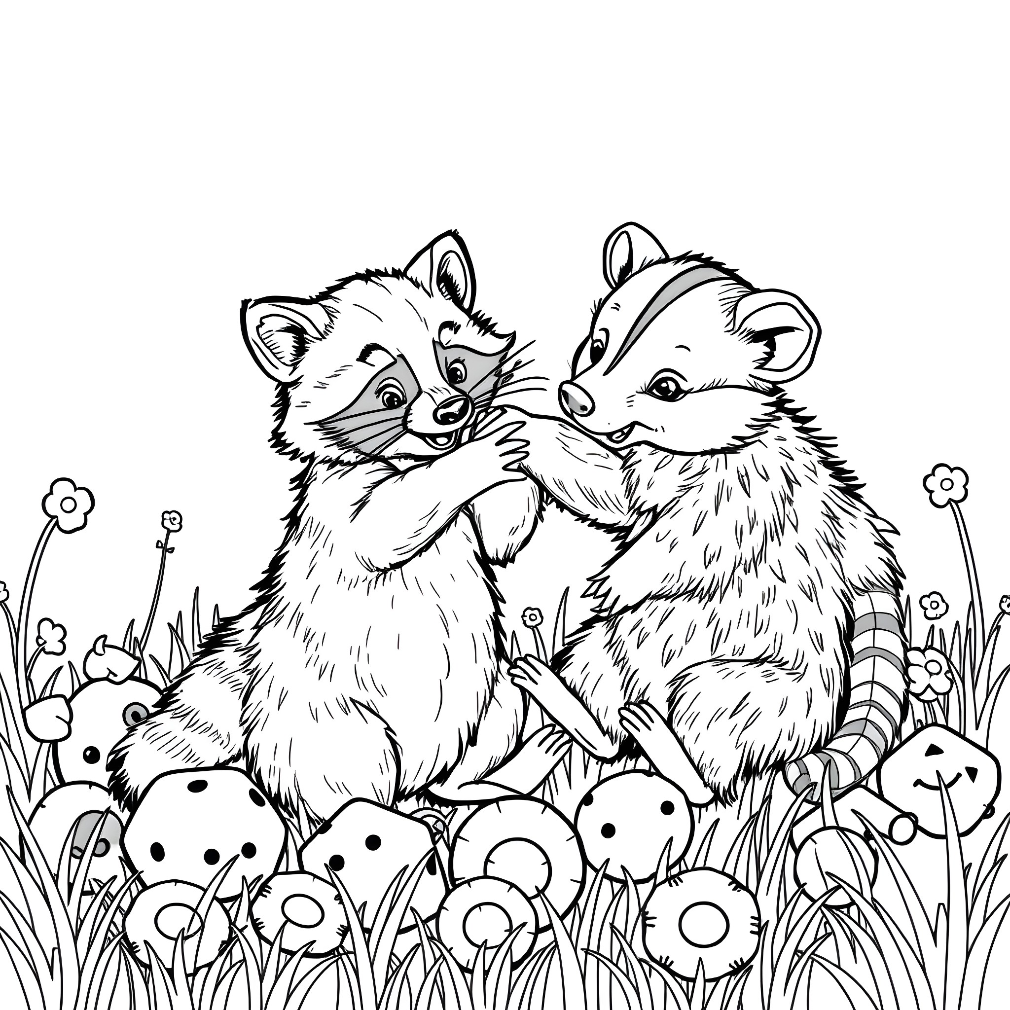 Raccoons playing and exploring in nature Coloring Page (free black-and-white line drawing printable PDF for all, from beginners to advanced learners, including children, teens, adults, and seniors)