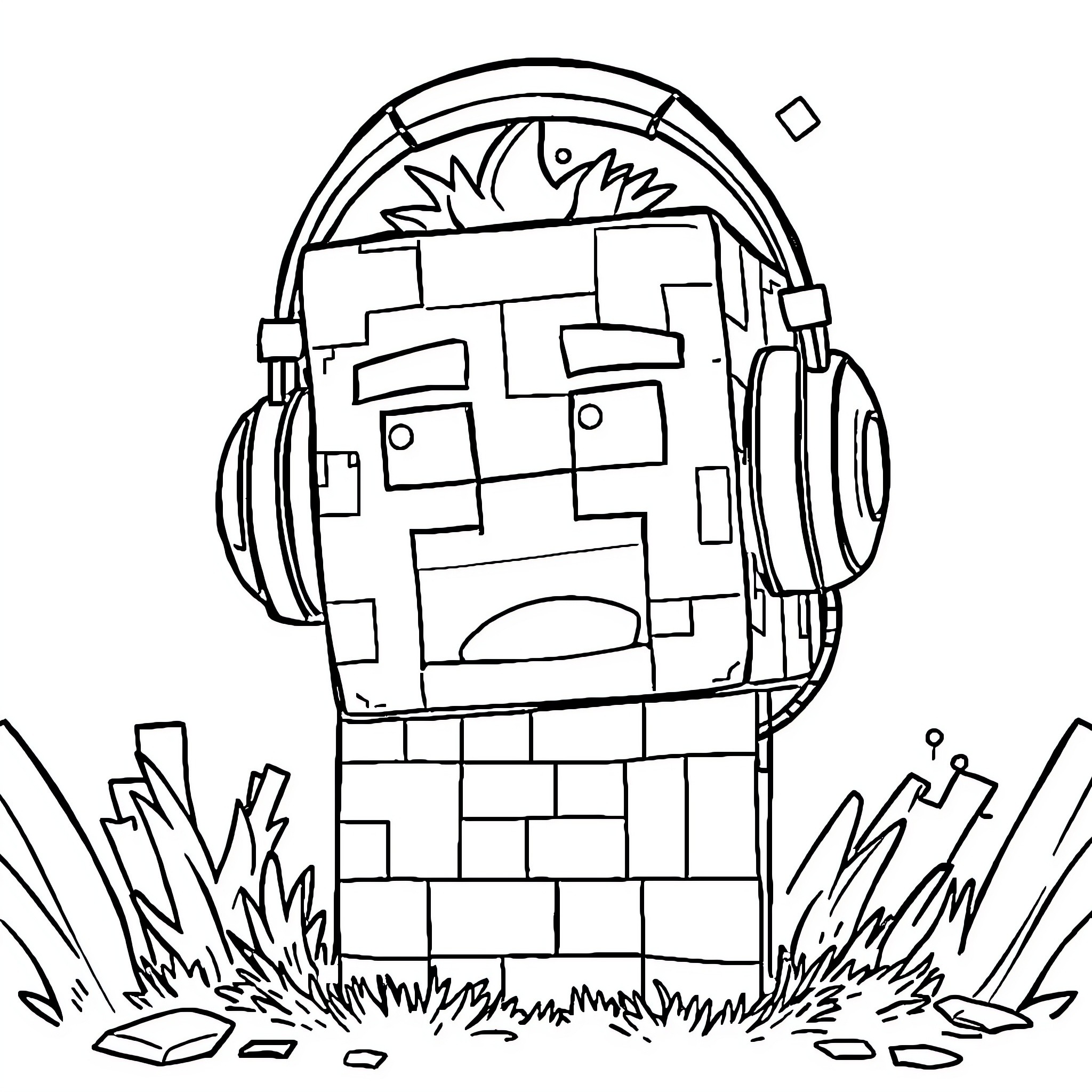 Creeper exploring the outdoors with headphones Coloring Page (free black-and-white line drawing printable PDF for all, from beginners to advanced learners, including children, teens, adults, and seniors)