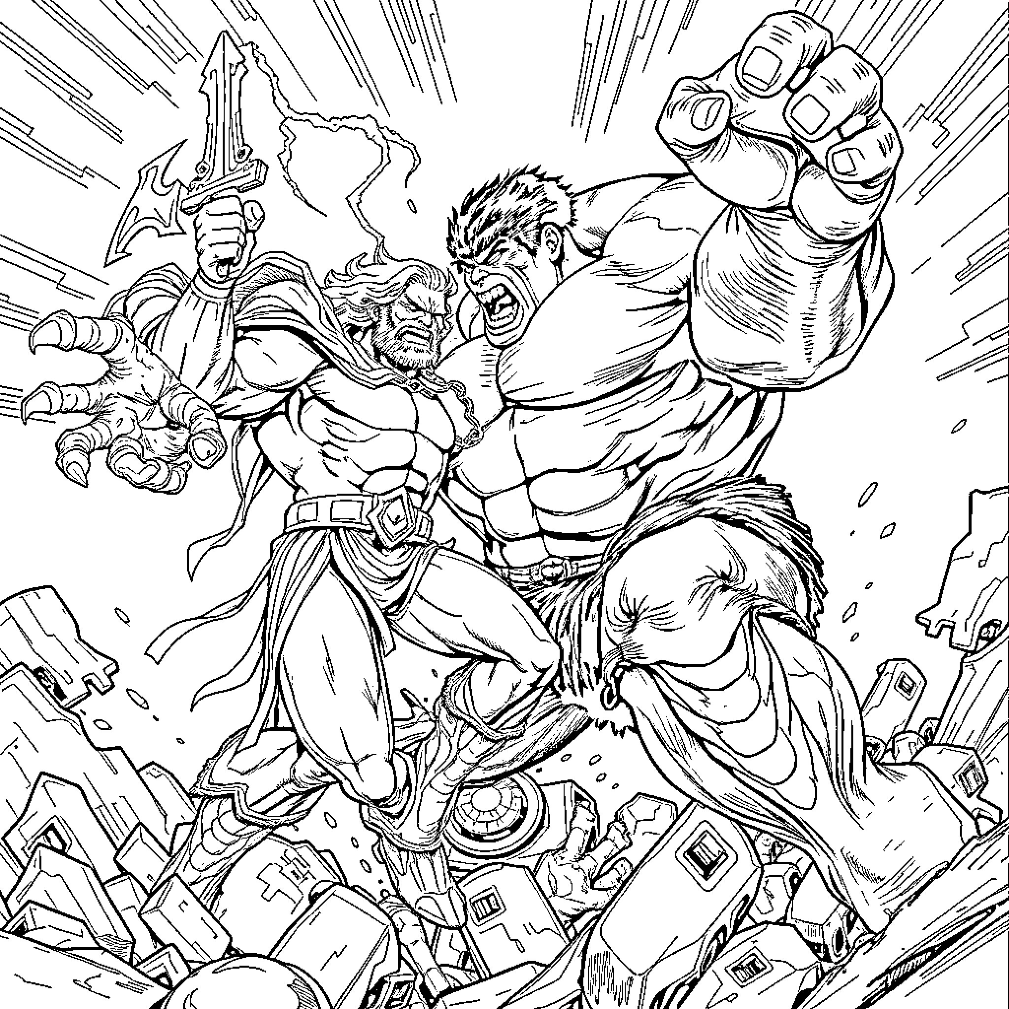 God's Mighty Warriors Clash in Epic Battle Coloring Page (free black-and-white line drawing printable PDF for all, from beginners to advanced learners, including children, teens, adults, and seniors)