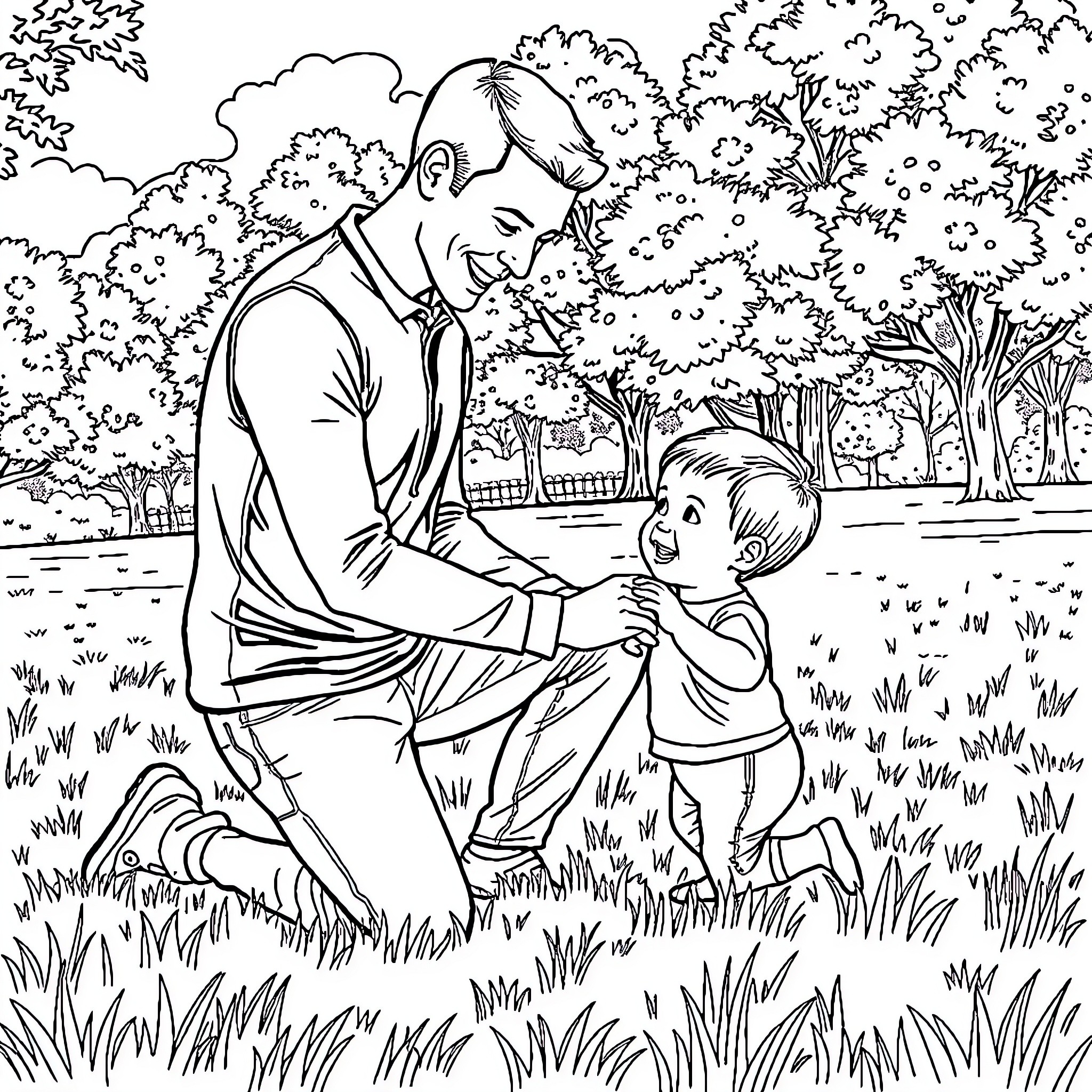 Father's loving embrace with young child in nature Coloring Page (free black-and-white line drawing printable PDF for all, from beginners to advanced learners, including children, teens, adults, and seniors)