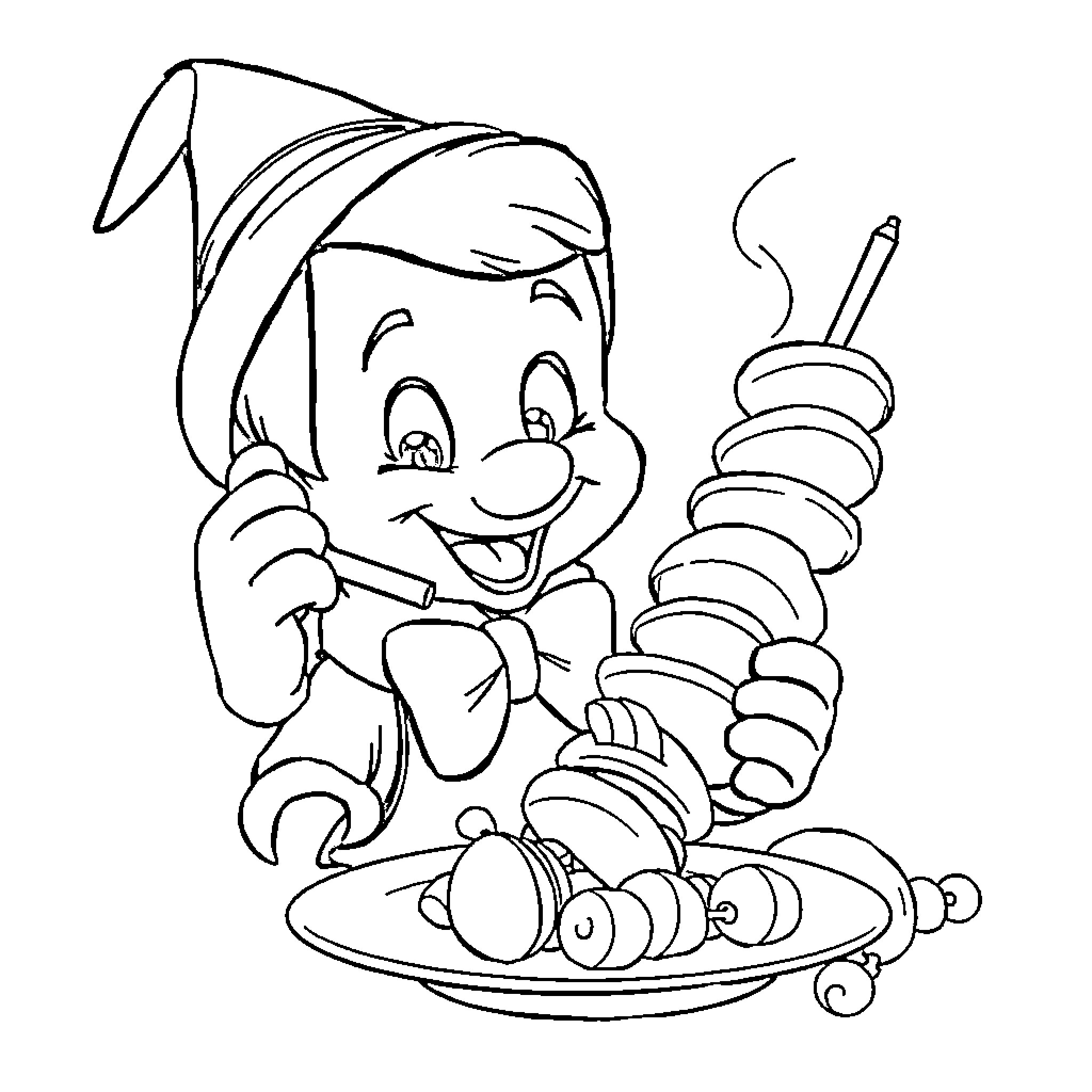 Pinocchio's Culinary Creations Coloring Page (free black-and-white line drawing printable PDF for all, from beginners to advanced learners, including children, teens, adults, and seniors)