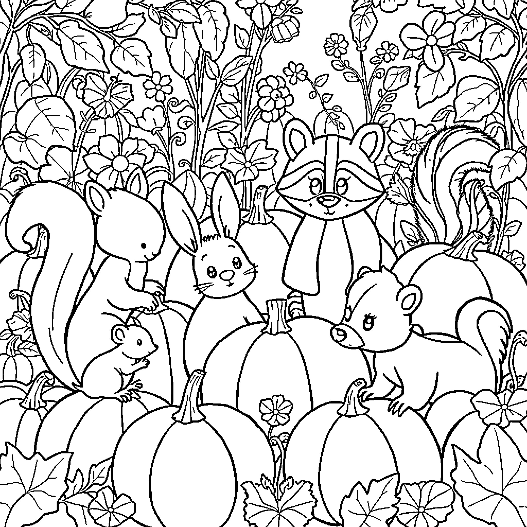 Animals playing in a floral garden Coloring Page (free black-and-white line drawing printable PDF for all, from beginners to advanced learners, including children, teens, adults, and seniors)