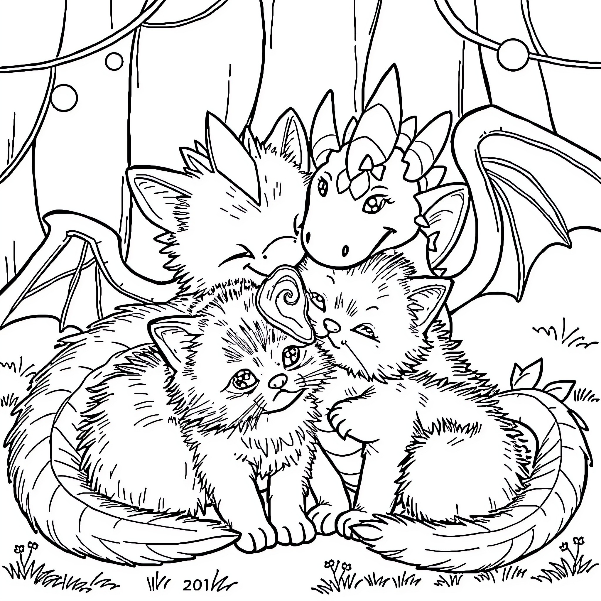 Cats and Dragons in a Magical Forest Coloring Page (free black-and-white line drawing printable PDF for all, from beginners to advanced learners, including children, teens, adults, and seniors)
