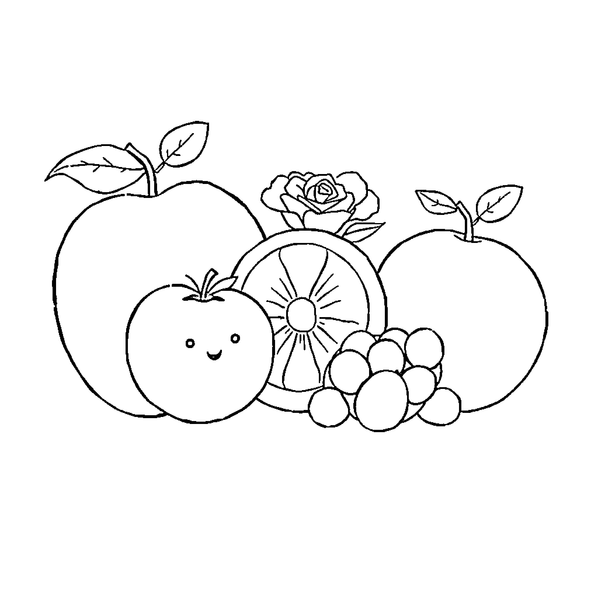 Fruit with flowers and leaves in a still life Coloring Page (free black-and-white line drawing printable PDF for all, from beginners to advanced learners, including children, teens, adults, and seniors)