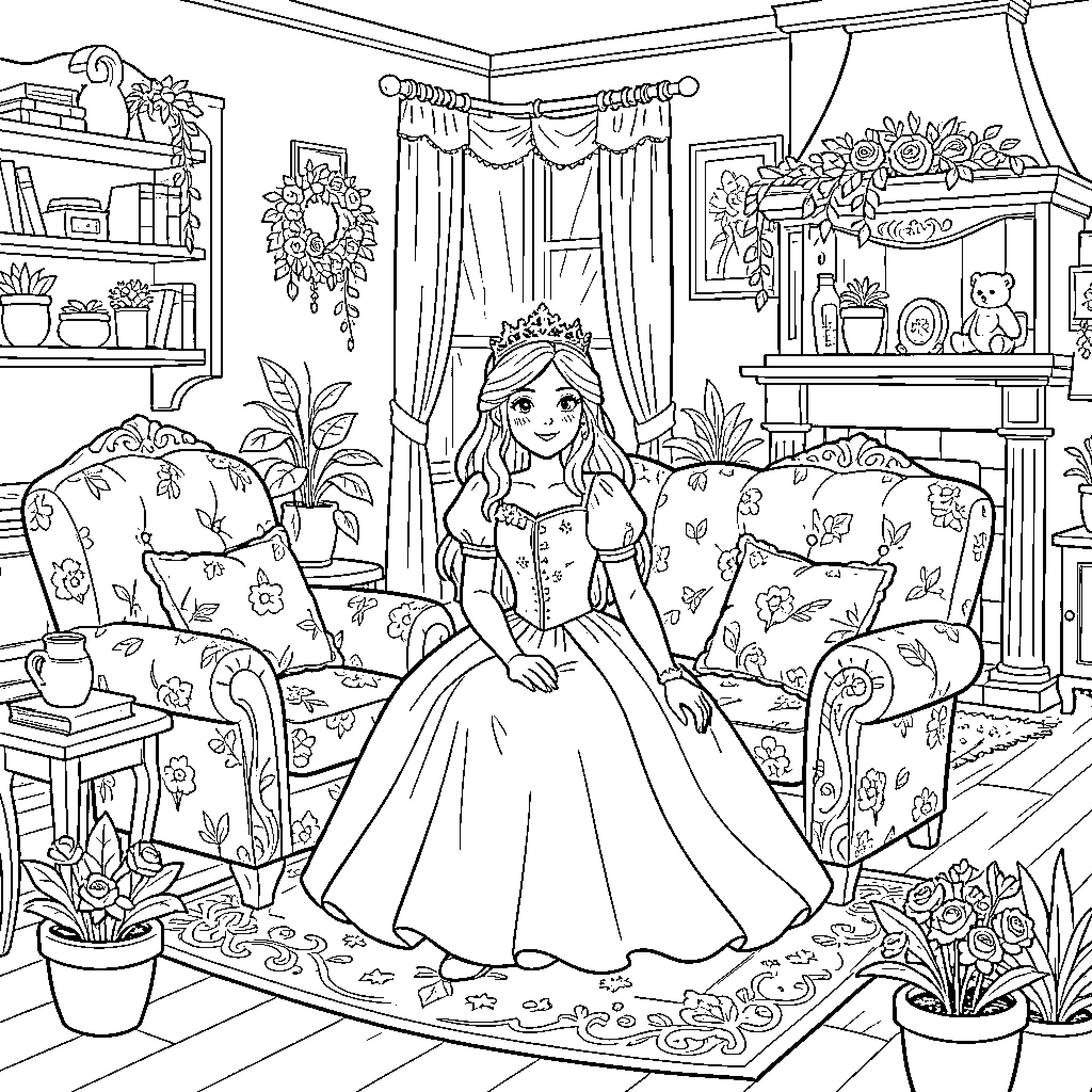 Princess sitting gracefully in a cozy living room Coloring Page (free black-and-white line drawing printable PDF for all, from beginners to advanced learners, including children, teens, adults, and seniors)
