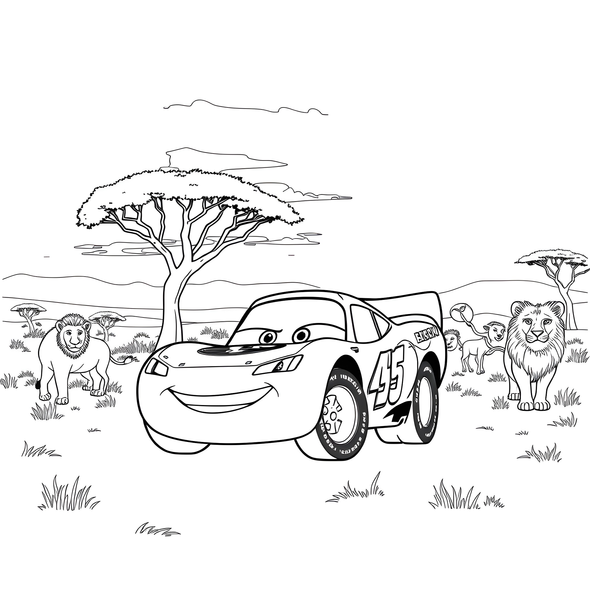 Lightning McQueen's safari adventure with animal friends Coloring Page (free black-and-white line drawing printable PDF for all, from beginners to advanced learners, including children, teens, adults, and seniors)