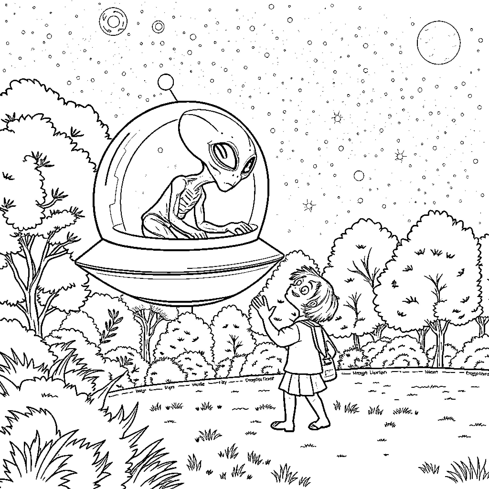 Alien exploring the natural world Coloring Page (free black-and-white line drawing printable PDF for all, from beginners to advanced learners, including children, teens, adults, and seniors)